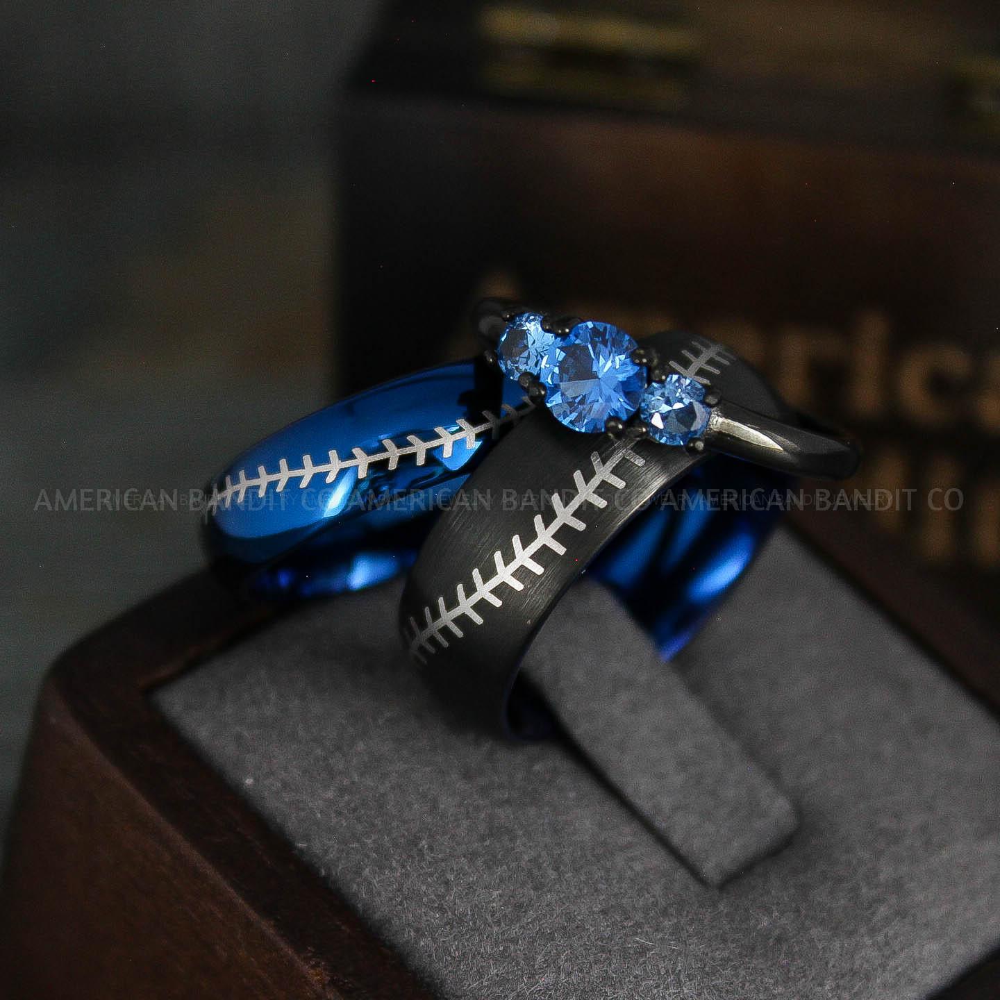 IMG_5567 Baseball Rings, Baseball Wedding Rings, Baseball Wedding Bands, Blue Rings, Blue Wedding Bands, Blue Baseball Wedding Bands, Baseball Jewelry - Image 1