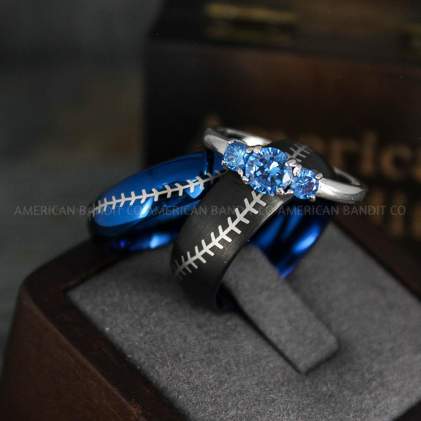 IMG_5568 Baseball Rings, Baseball Wedding Rings, Baseball Wedding Bands, Blue Rings, Blue Wedding Bands, Blue Baseball Wedding Bands, Baseball Jewelry - Image 1