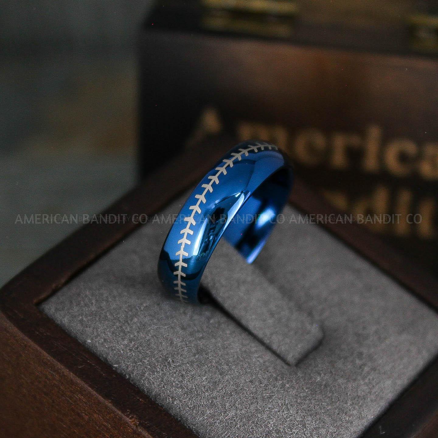 IMG_5569 Baseball Ring, Baseball Wedding Ring, Baseball Wedding Band, Blue Ring, Blue Wedding Band, Blue Baseball Wedding Band, Baseball Jewelry - Image 1