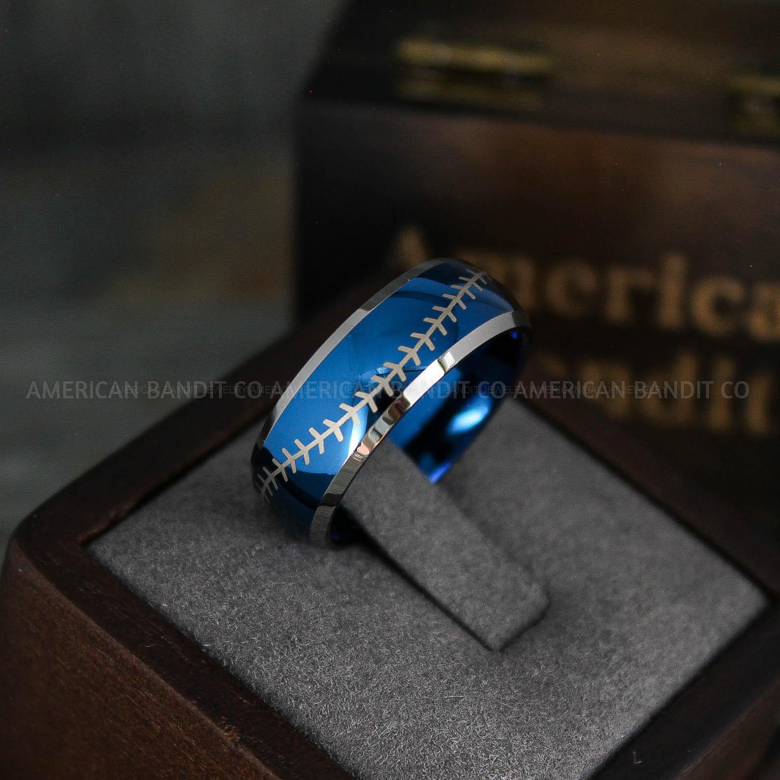 IMG_5570 Baseball Ring, Baseball Wedding Ring, Baseball Wedding Band, Blue Ring, Blue Wedding Band, Blue Baseball Wedding Band, Baseball Jewelry - Image 1