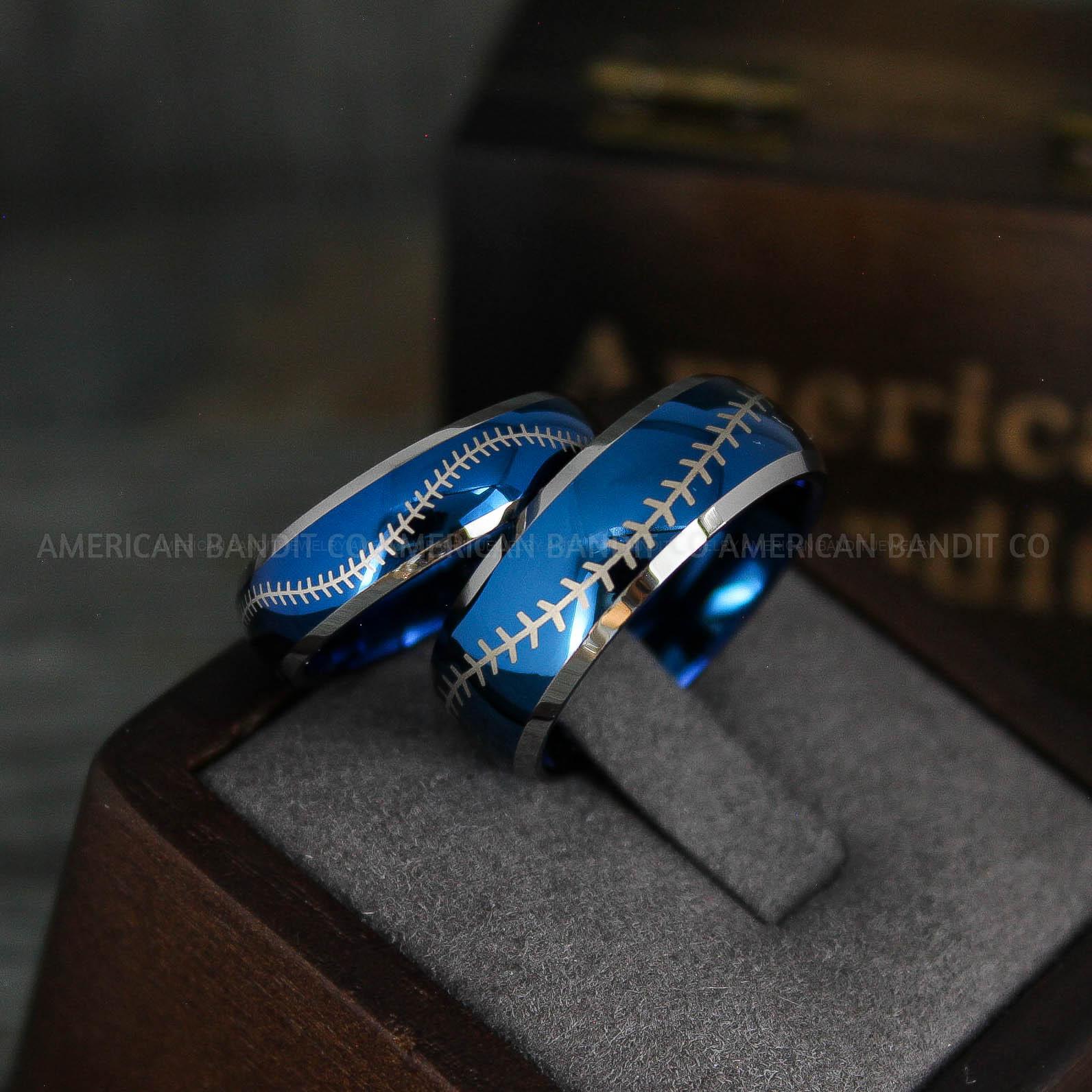 IMG_5573 Baseball Rings, Baseball Wedding Rings, Baseball Wedding Bands, Blue Rings, Blue Wedding Bands, Blue Baseball Wedding Bands, Baseball Jewelry - Image 1