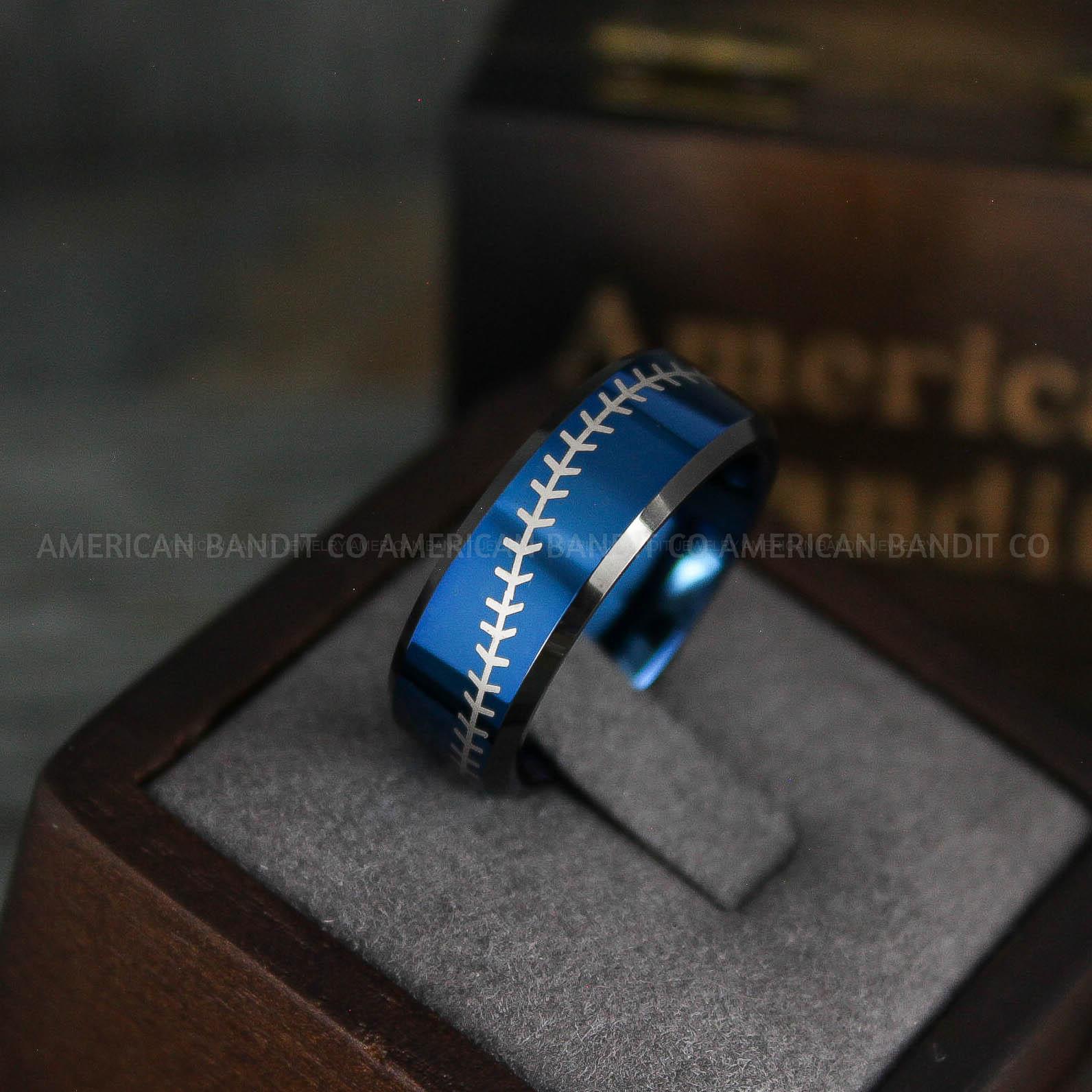 IMG_5575 Baseball Ring, Baseball Wedding Ring, Baseball Wedding Band, Blue Ring, Blue Wedding Band, Blue Baseball Wedding Band, Baseball Jewelry - Image 1