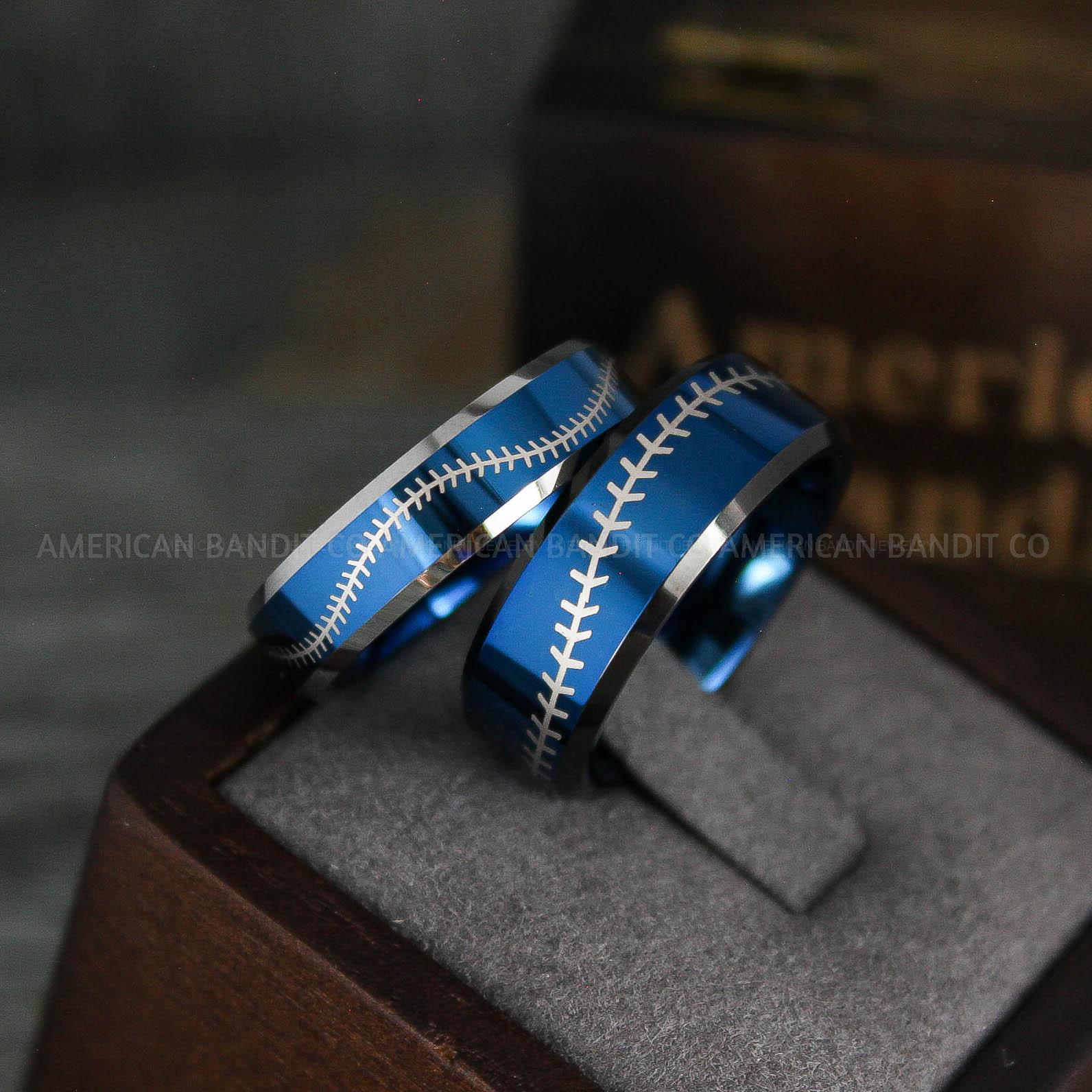 IMG_5576 Baseball Rings, Baseball Wedding Rings, Baseball Wedding Bands, Blue Rings, Blue Wedding Bands, Blue Baseball Wedding Bands, Baseball Jewelry - Image 1