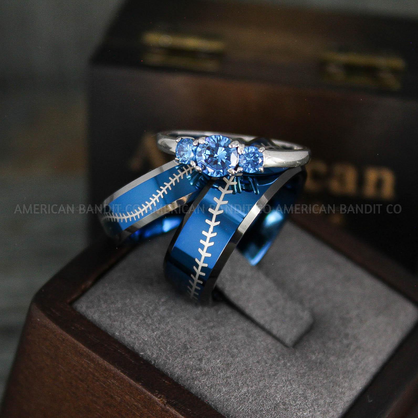 IMG_5578 Baseball Rings, Baseball Wedding Rings, Baseball Wedding Bands, Blue Rings, Blue Wedding Bands, Blue Baseball Wedding Bands, Baseball Jewelry - Image 1