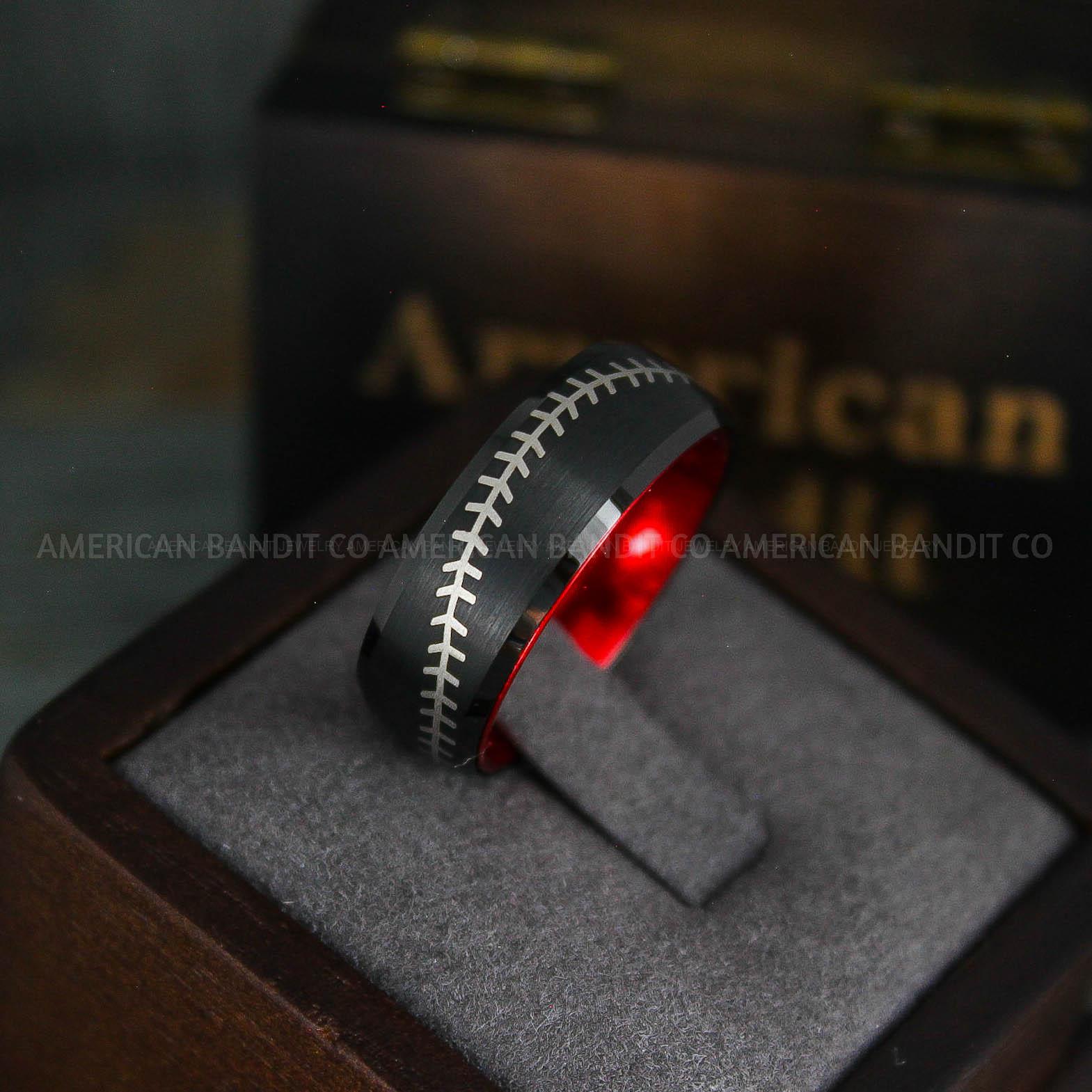 IMG_5579 Baseball Ring, Baseball Wedding Ring, Baseball Wedding Band, Black Ring, Black Wedding Band, Black Baseball Wedding Band, Baseball Jewelry - Image 1