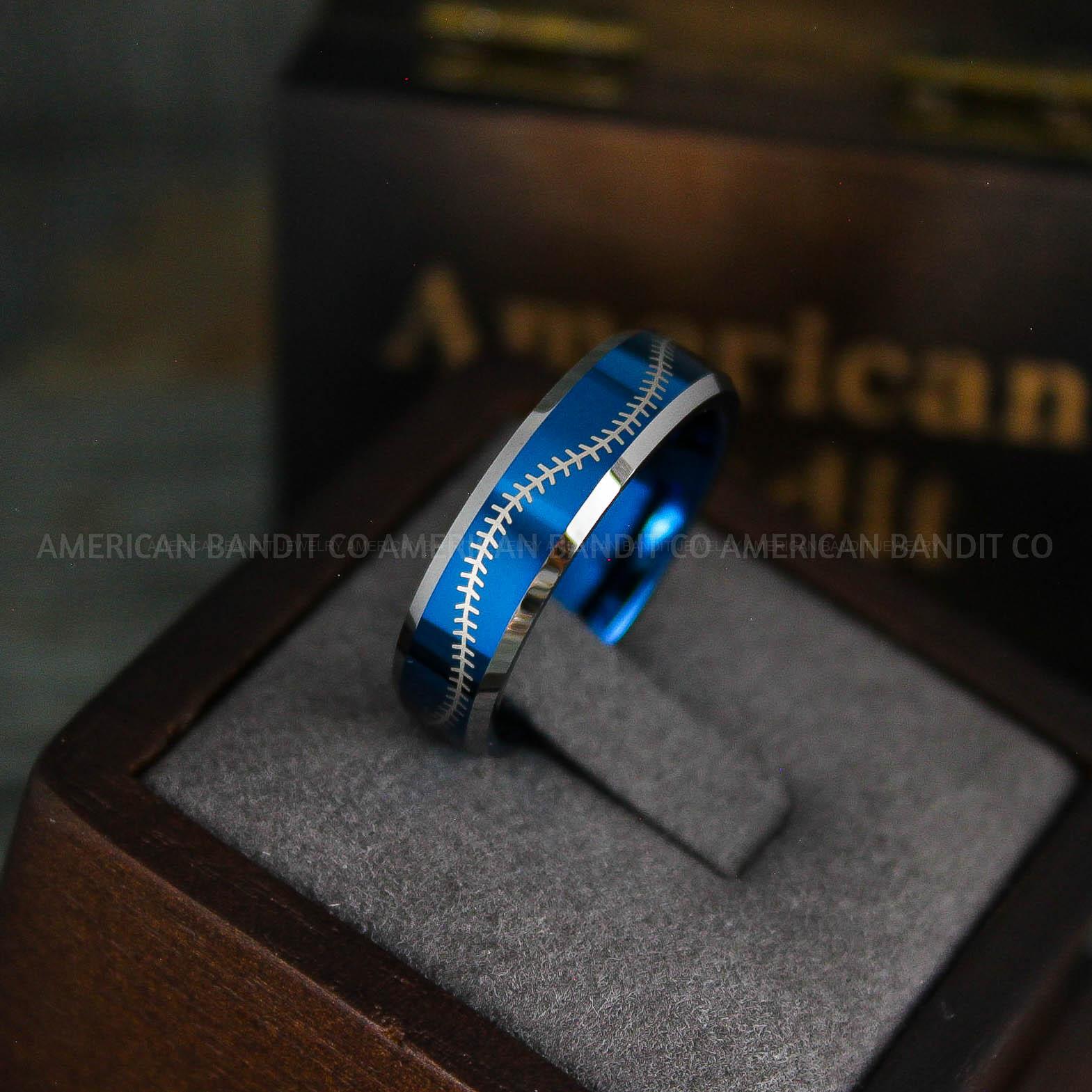 IMG_5580 Baseball Ring, Baseball Wedding Ring, Baseball Wedding Band, Blue Ring, Blue Wedding Band, Blue Baseball Wedding Band, Baseball Jewelry - Image 1