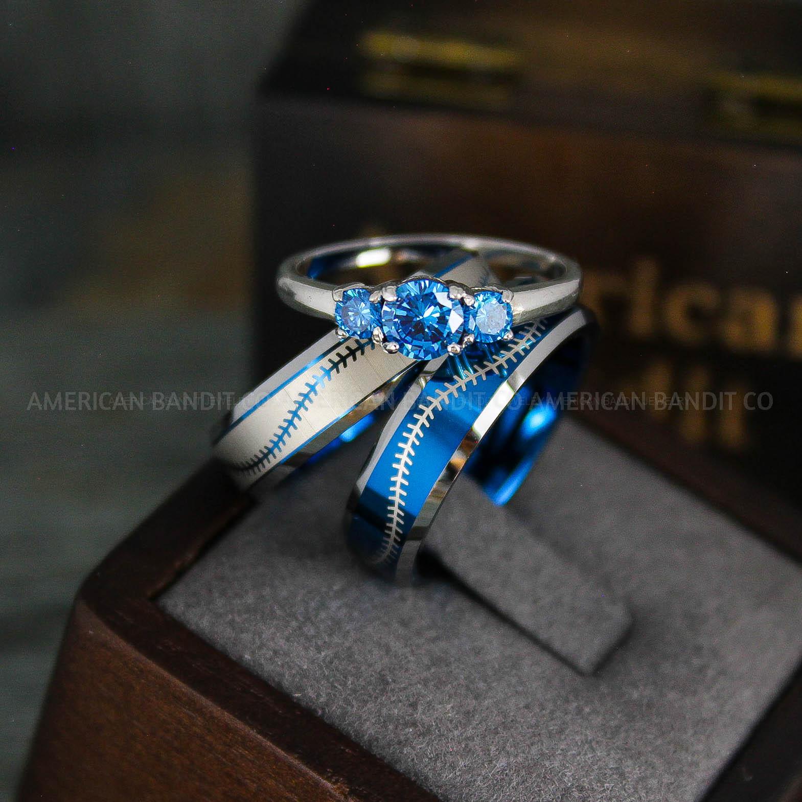 IMG_5582 Baseball Rings, Baseball Wedding Rings, Baseball Wedding Bands, Blue Rings, Blue Wedding Bands, Blue Baseball Wedding Bands, Baseball Jewelry - Image 1