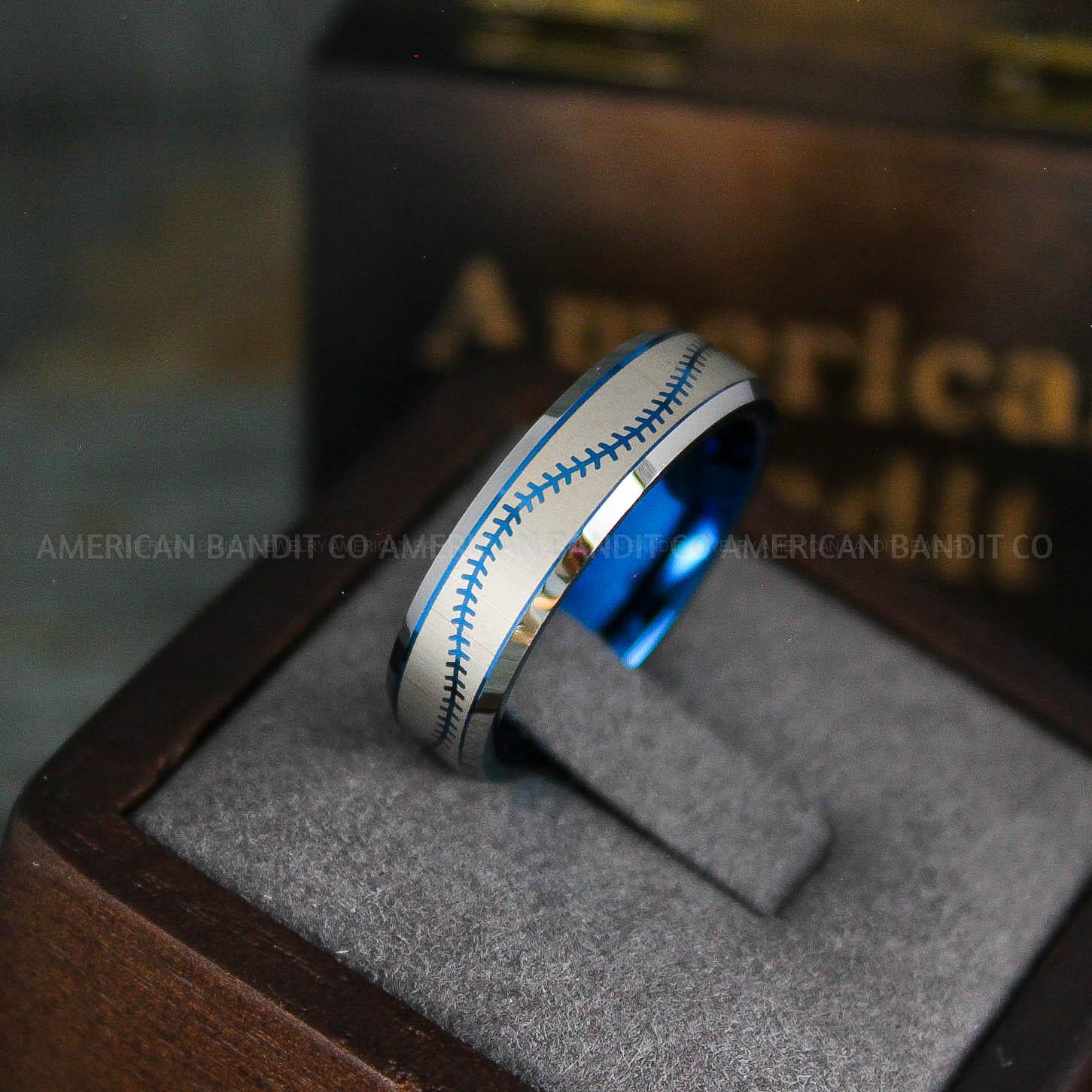 IMG_5583 Baseball Ring, Baseball Wedding Ring, Baseball Wedding Band, Blue Ring, Blue Wedding Band, Blue Baseball Wedding Band, Baseball Jewelry - Image 1