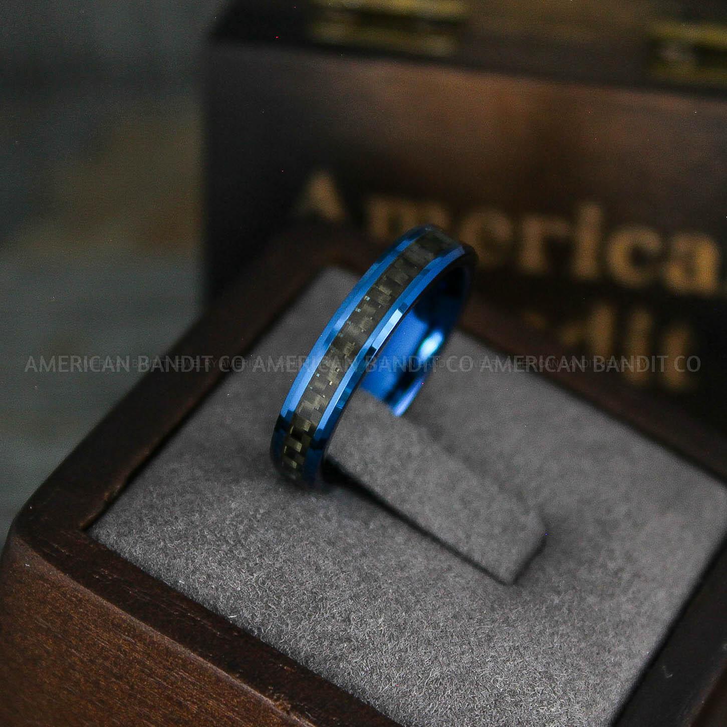 IMG_5586 Blue Wedding Band, Blue Wedding Ring, Blue Tungsten Ring with Black Carbon Fiber Inlay, 4mm Blue Ring - Image 1