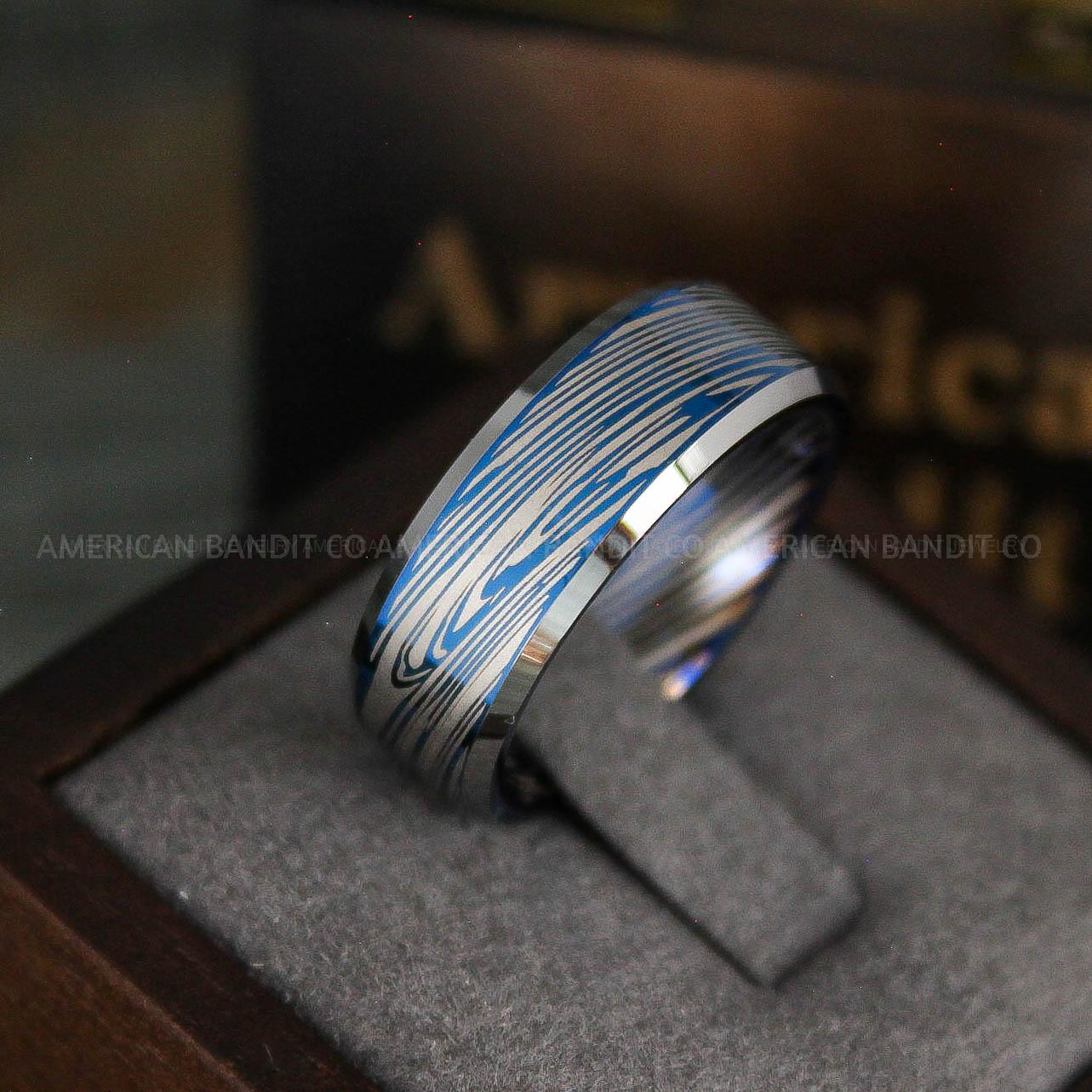 IMG_5594 Damascus Steel Ring, Damascus Steel Wedding Ring, Damascus Steel Wedding Band, Blue Wedding Ring, Blue Damascus Steel Wedding Ring - Image 1