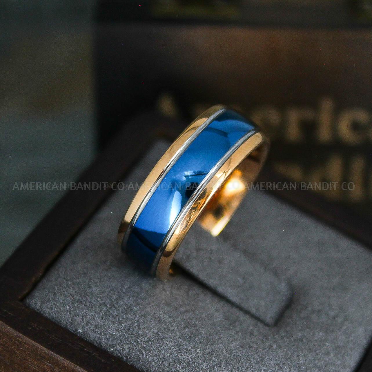 IMG_5596 Rose Gold Wedding Band, Blue Wedding Ring, Rose Gold Tungsten Ring, Rose Gold Tungsten Wedding Band - Image 1