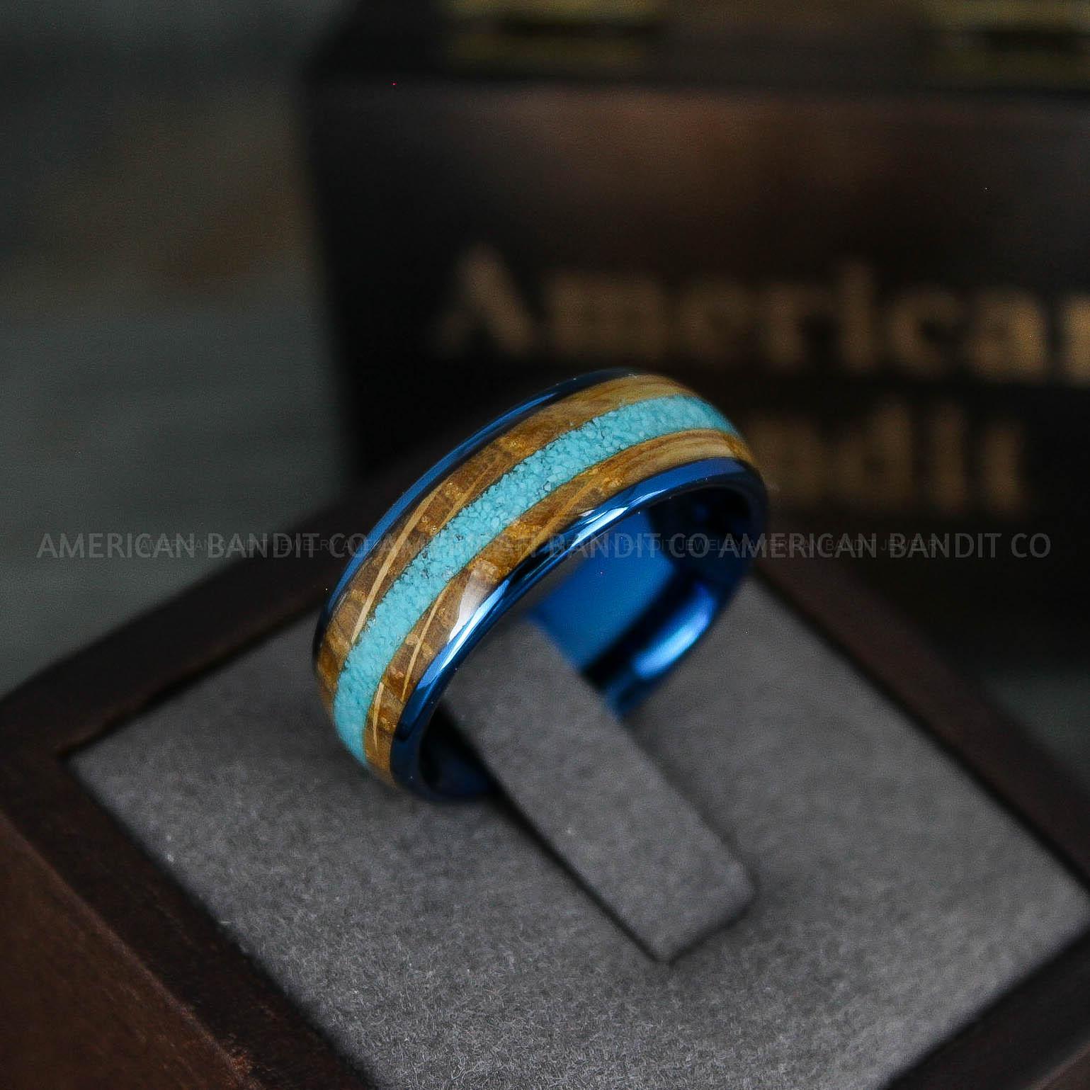 IMG_5604 Turquoise Ring, Whiskey Barrel Wood Ring, Turquoise Wedding Band, Galaxy Ring, Galaxy Wedding Band, Crushed Turquoise Wedding Ring - Image 1