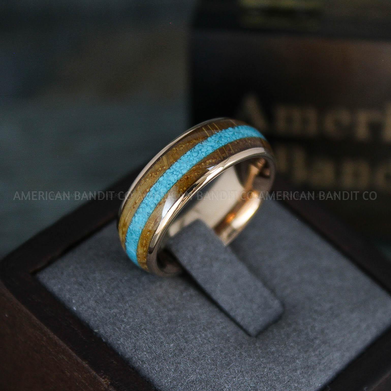 IMG_5608 Turquoise Ring, Whiskey Barrel Wood Ring, Turquoise Wedding Band, Galaxy Ring, Galaxy Wedding Band, Crushed Turquoise Wedding Ring - Image 1