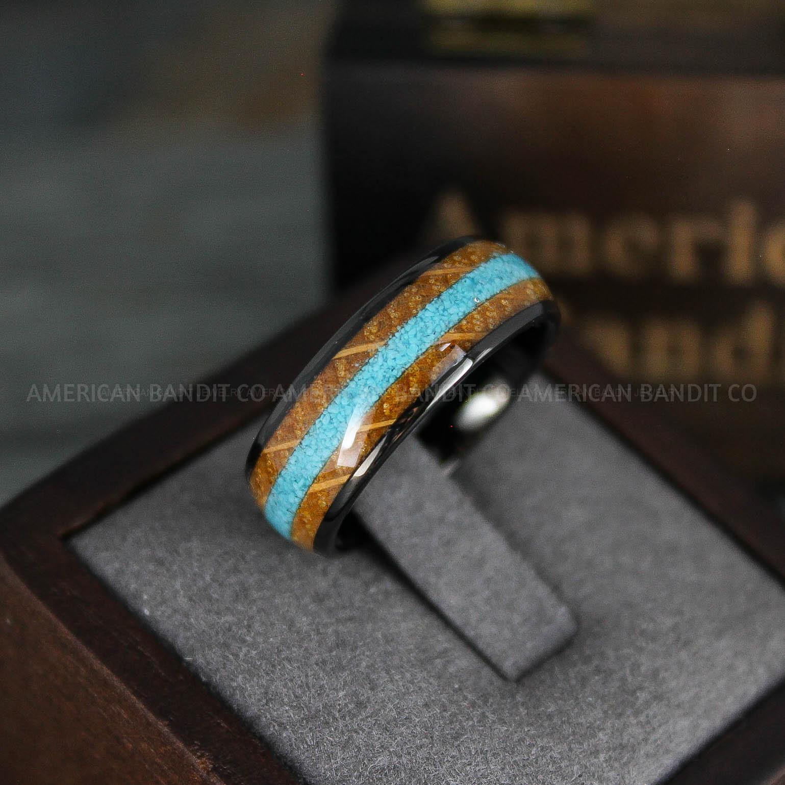 IMG_5616 Turquoise Ring, Whiskey Barrel Wood Ring, Turquoise Wedding Band, Galaxy Ring, Galaxy Wedding Band, Crushed Turquoise Wedding Ring - Image 1