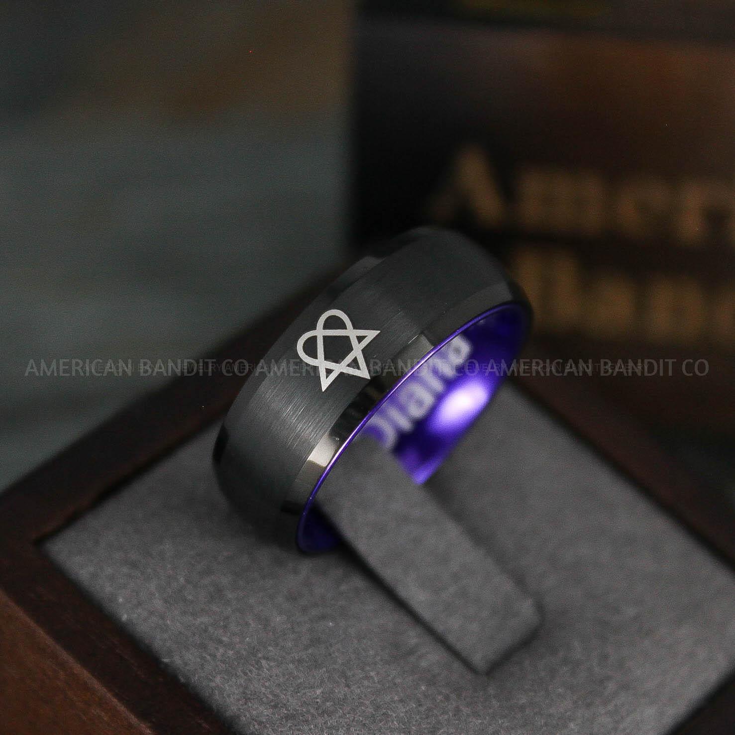 IMG_5637 Heartagram Ring, Heartagram Wedding Ring, 8mm Black Tungsten Ring with Purple Interior, Black Wedding Ring, Heartagram Wedding Band, ECG Ring - Image 1