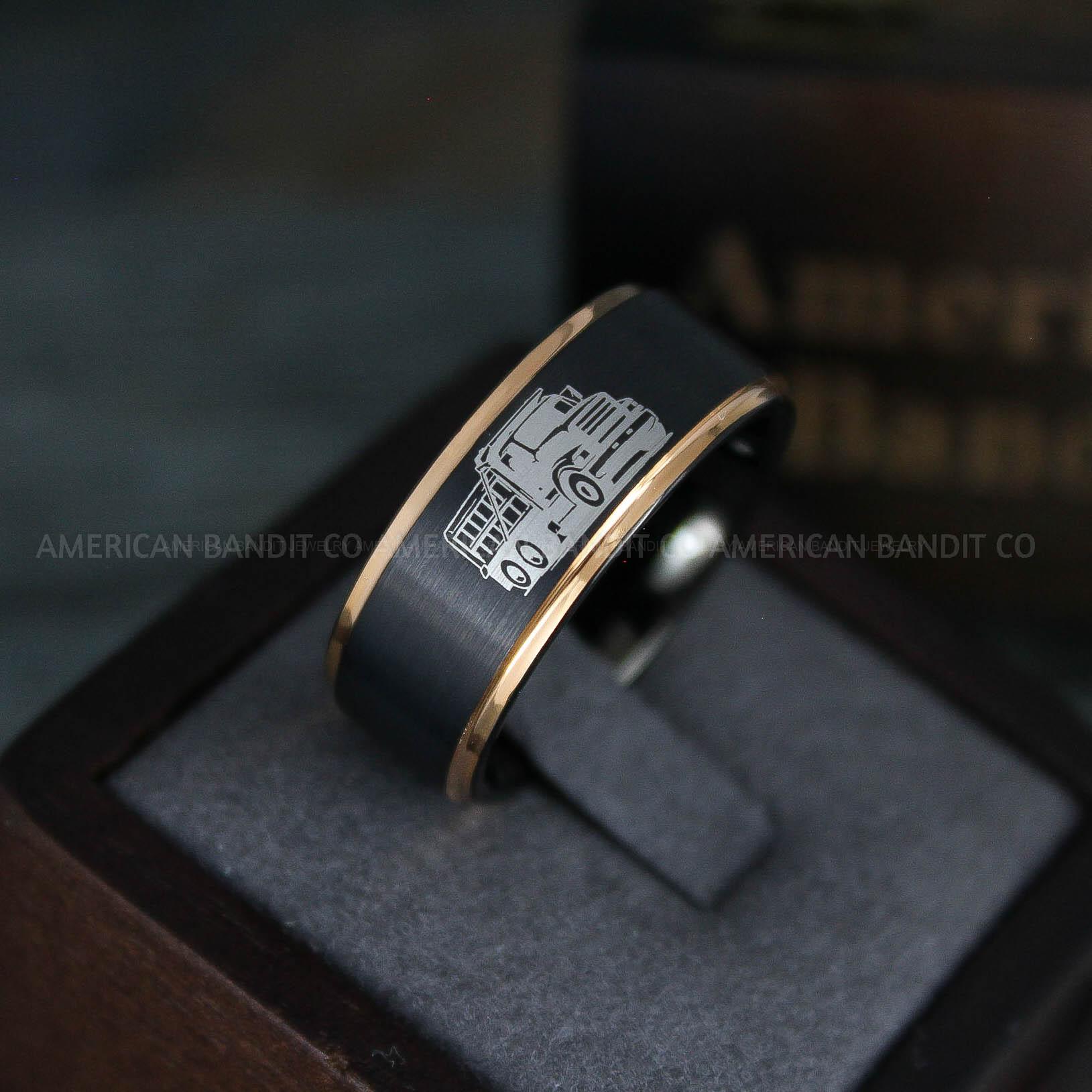 IMG_5640 Dump Truck Ring, Truck Driver Ring, Trucker Ring, Black Tungsten Ring, Trucker Jewelry, Truck Driver Wedding Band, Black Tungsten Band, Black Wedding Ring - Image 1