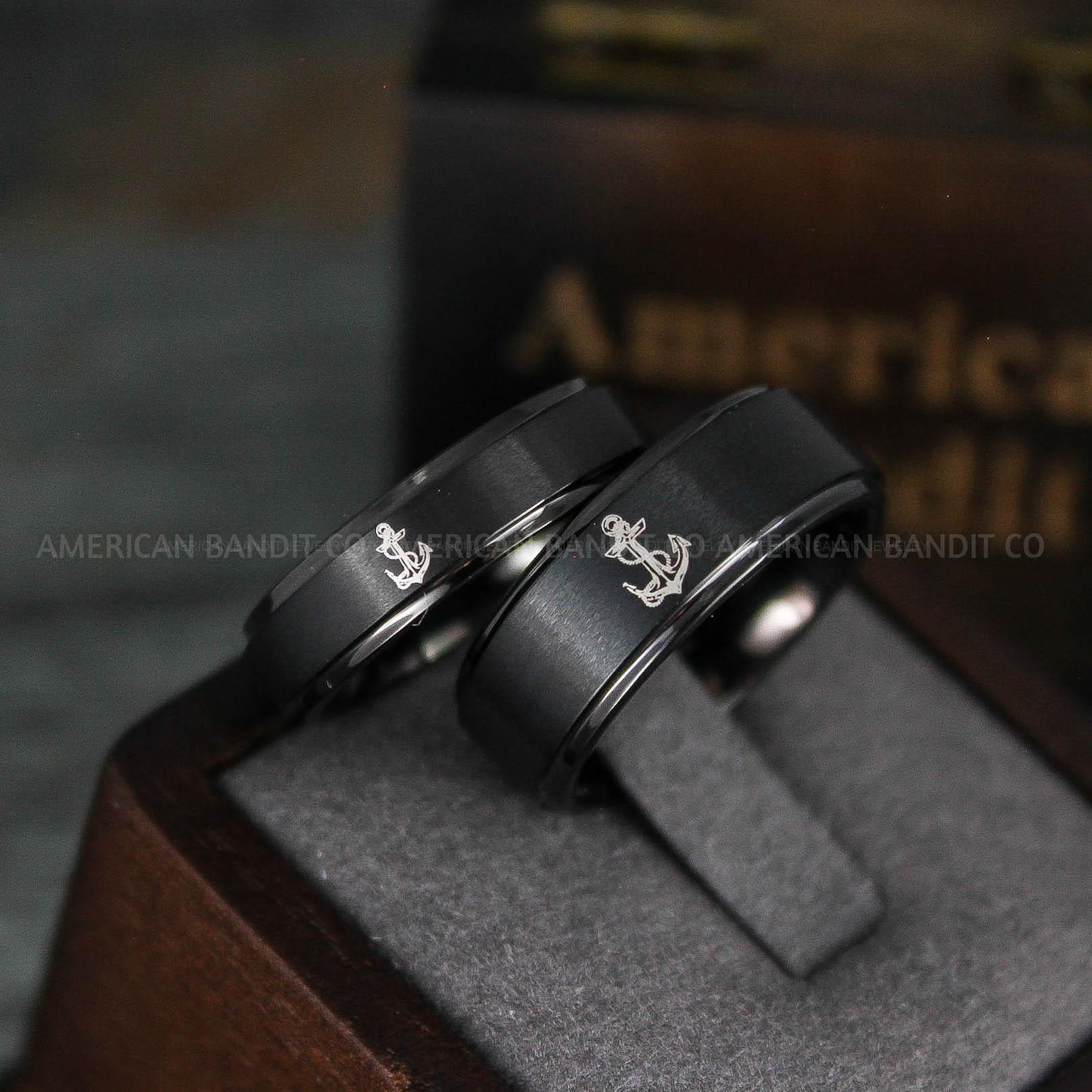 IMG_5648 Nautical Ring, Anchor Ring, Black Anchor Rings, Black Wedding Rings, Black Nautical Rings, Black Wedding Bands, Black Anchor Tungsten Rings - Image 1