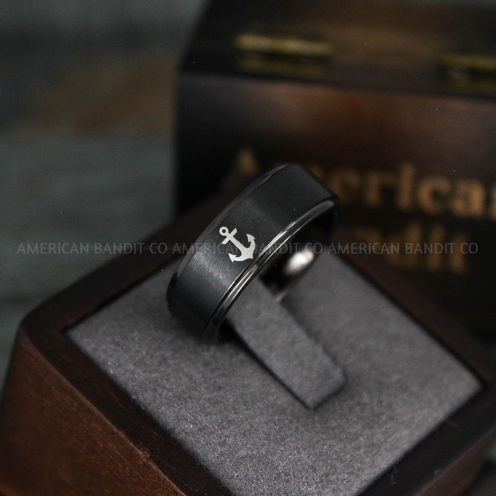 IMG_5652 Nautical Ring, Anchor Ring, Black Anchor Ring, Black Wedding Ring, Black Nautical Ring, Black Wedding Band, Black Anchor Tungsten Ring - Image 1
