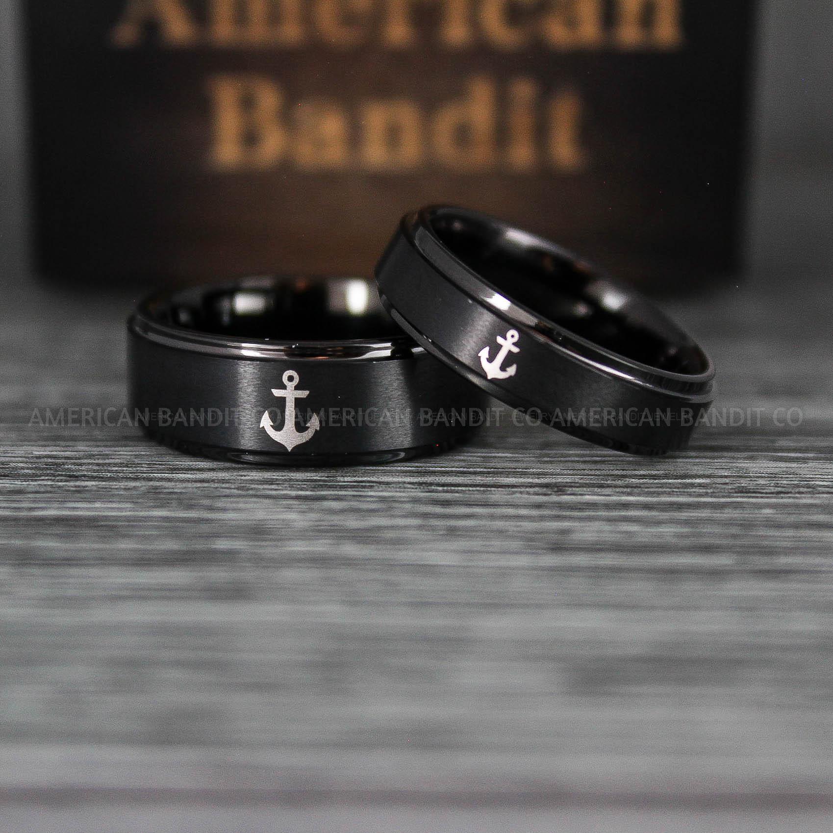 IMG_5655 Nautical Ring, Anchor Ring, Black Anchor Rings, Black Wedding Rings, Black Nautical Rings, Black Wedding Bands, Black Anchor Tungsten Rings - Image 1