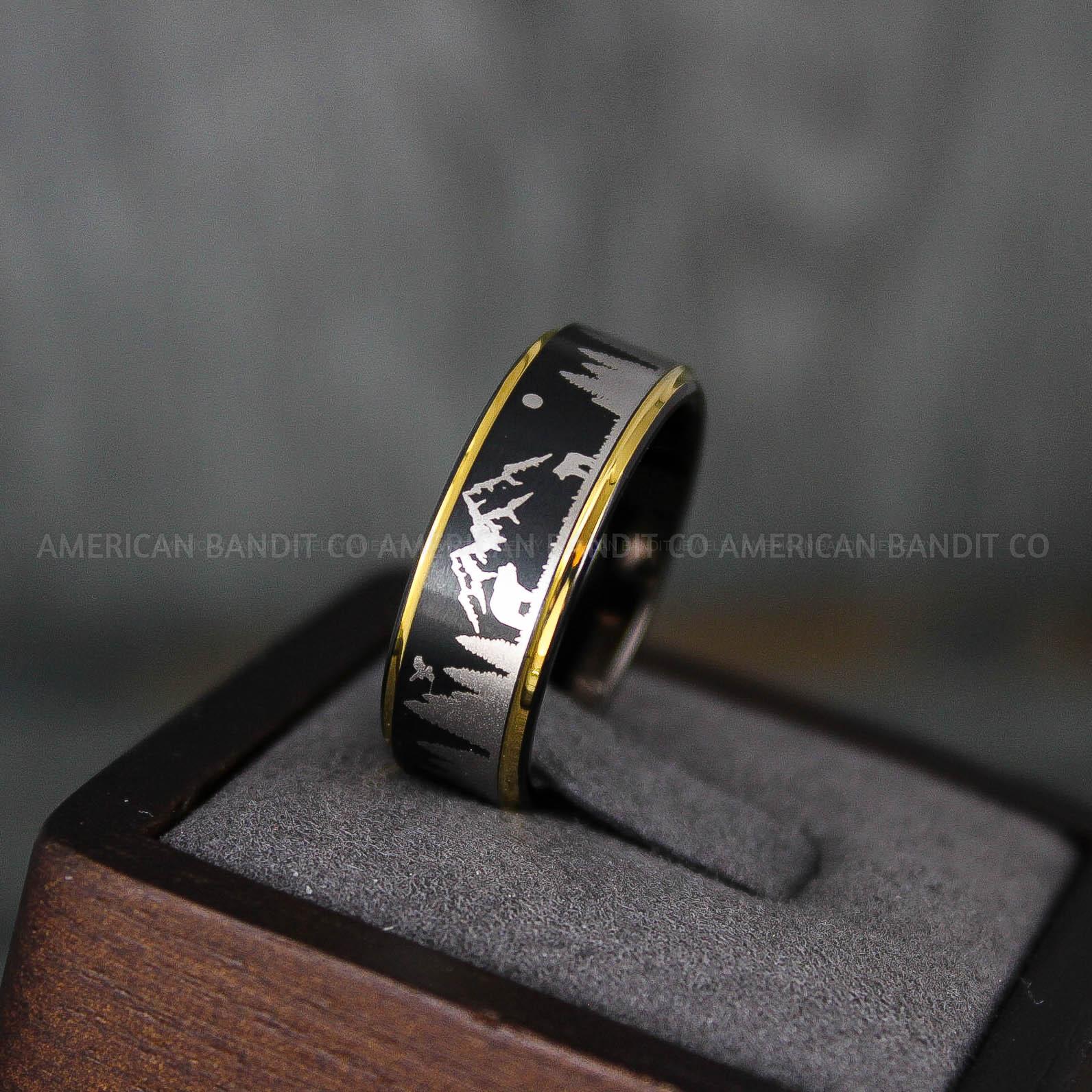 IMG_5687 Forest Ring, Mountain Range Ring, Mountains Scene Ring, Wolf Ring, Hunting Wedding Band - Image 1