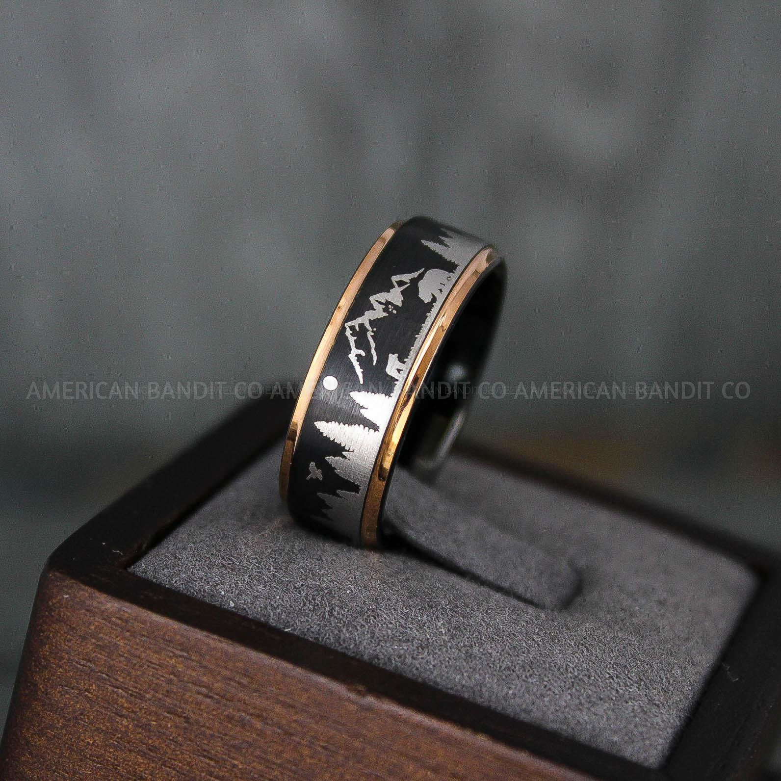 IMG_5688 Forest Ring, Mountain Range Ring, Mountains Scene Ring, Wolf Ring, Hunting Wedding Band - Image 1