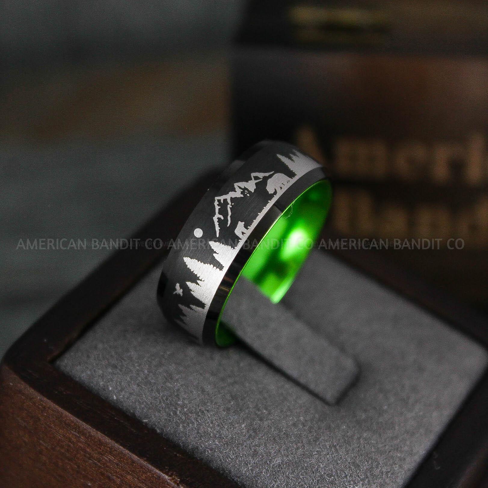 IMG_5705 Forest Ring, Mountain Range Ring, Mountains Scene Ring, Wolf Ring, Hunting Wedding Band - Image 1