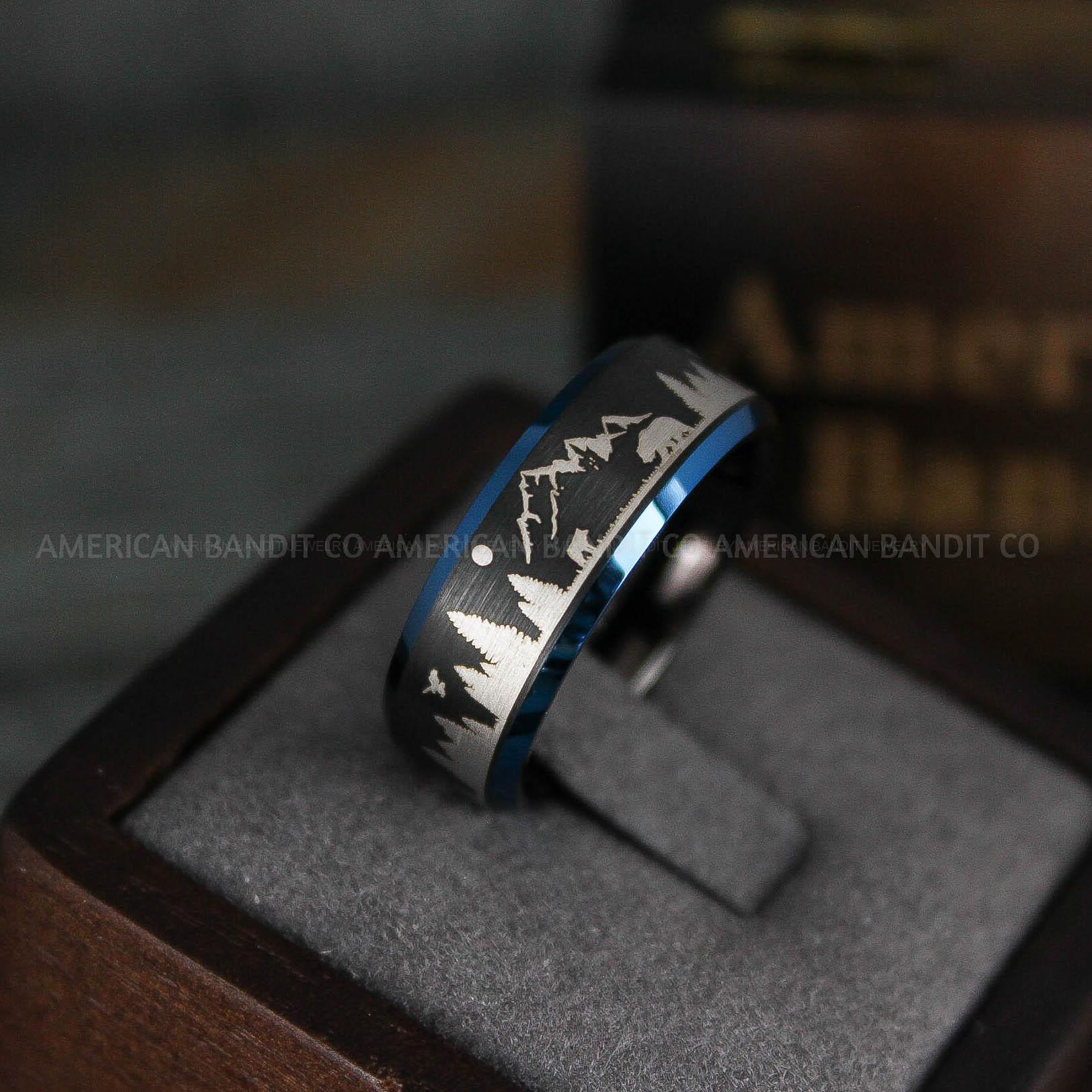 IMG_5711 Forest Ring, Mountain Range Ring, Mountains Scene Ring, Wolf Ring, Hunting Wedding Band - Image 1