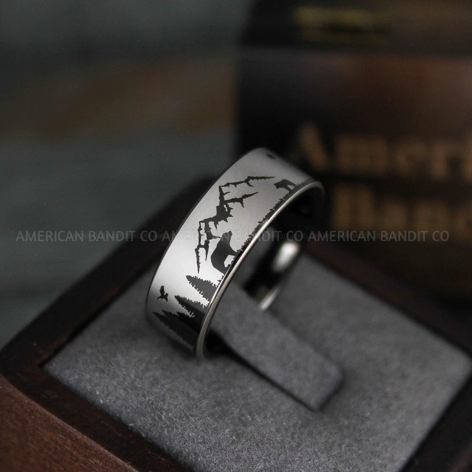 IMG_5719 Forest Ring, Mountain Range Ring, Mountains Scene Ring, Wolf Ring, Hunting Wedding Band - Image 1