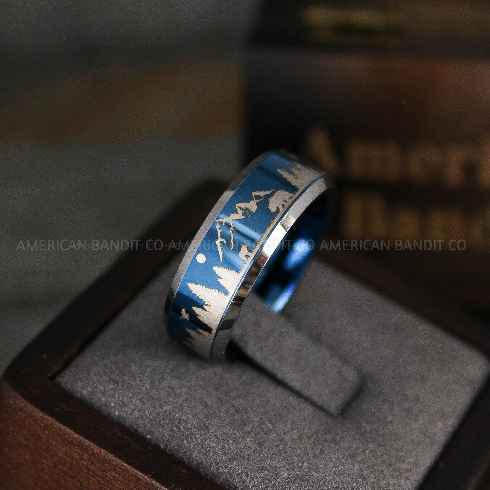 IMG_5722 Forest Ring, Mountain Range Ring, Mountains Scene Ring, Wolf Ring, Hunting Wedding Band - Image 1
