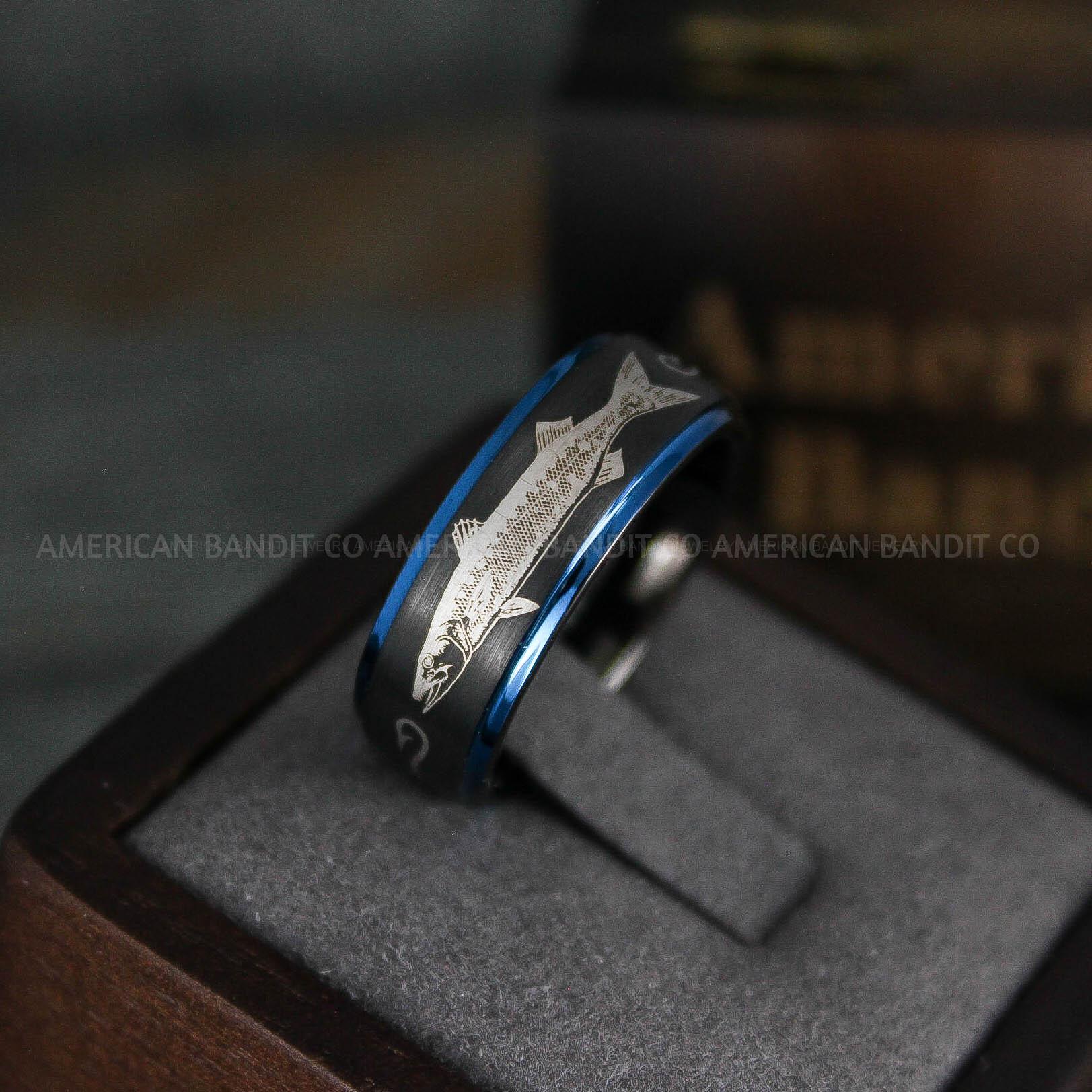 IMG_5724 Barracuda Ring, Fisherman Ring, Barracuda Jewelry, Fishing Ring, 8mm Black Tungsten Band with Beveled Edge Barracuda Fish Ring, Hunting Ring, Fish Hooks Ring - Image 1