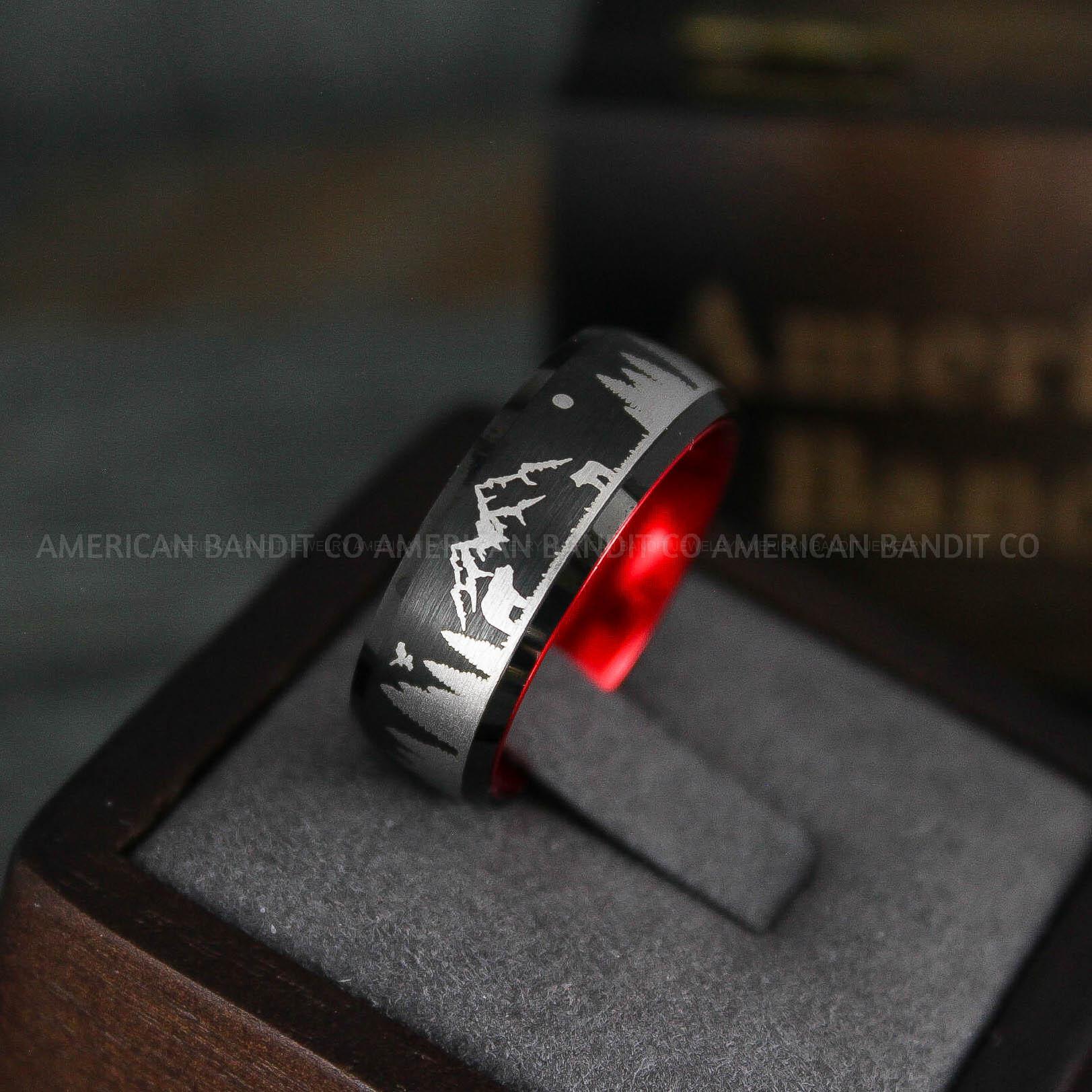 IMG_5726 Forest Ring, Mountain Range Ring, Mountains Scene Ring, Wolf Ring, Hunting Wedding Band - Image 1