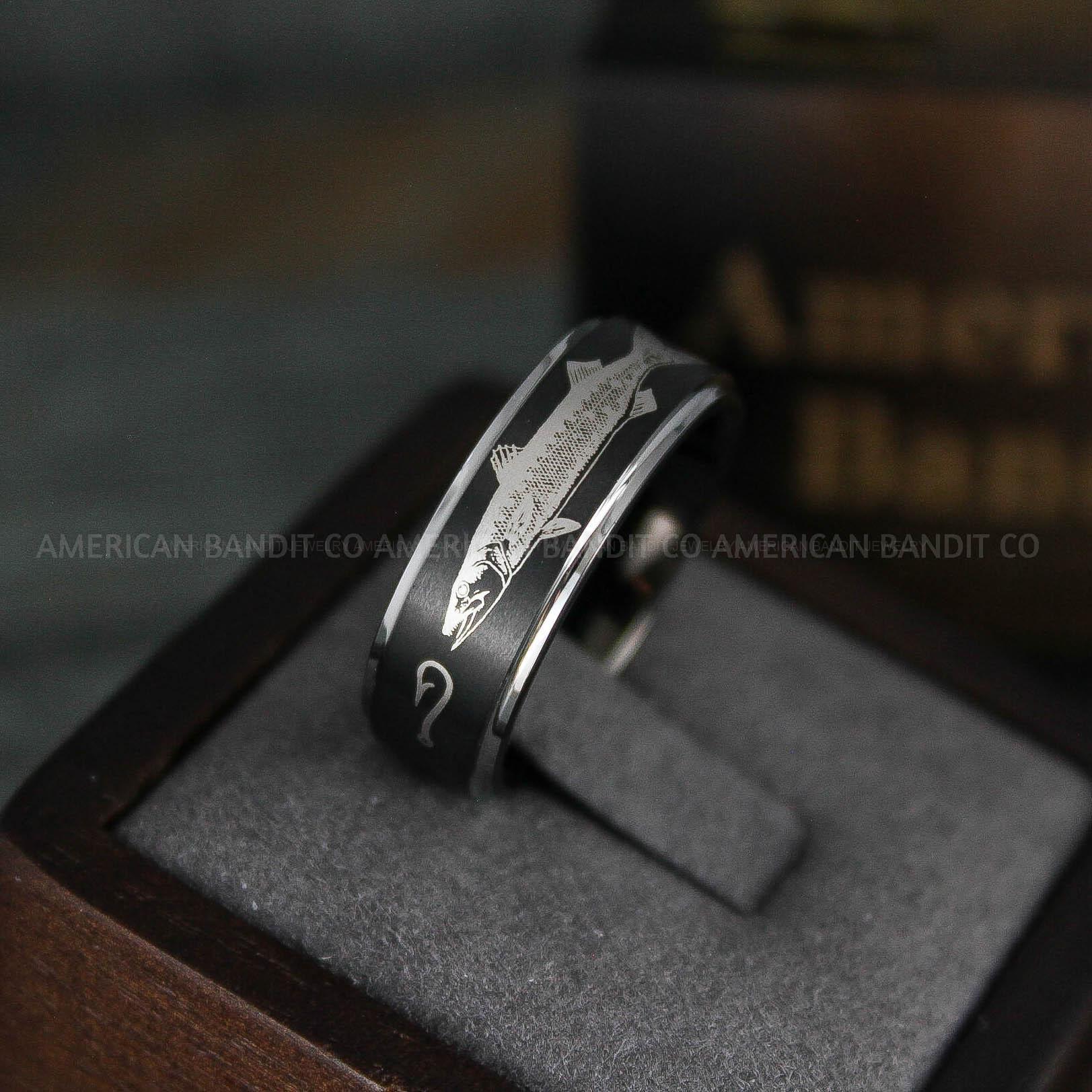 IMG_5727 Barracuda Ring, Fisherman Ring, Barracuda Jewelry, Fishing Ring, 8mm Black Tungsten Band with Beveled Edge Barracuda Fish Ring, Hunting Ring, Fish Hooks Ring - Image 1