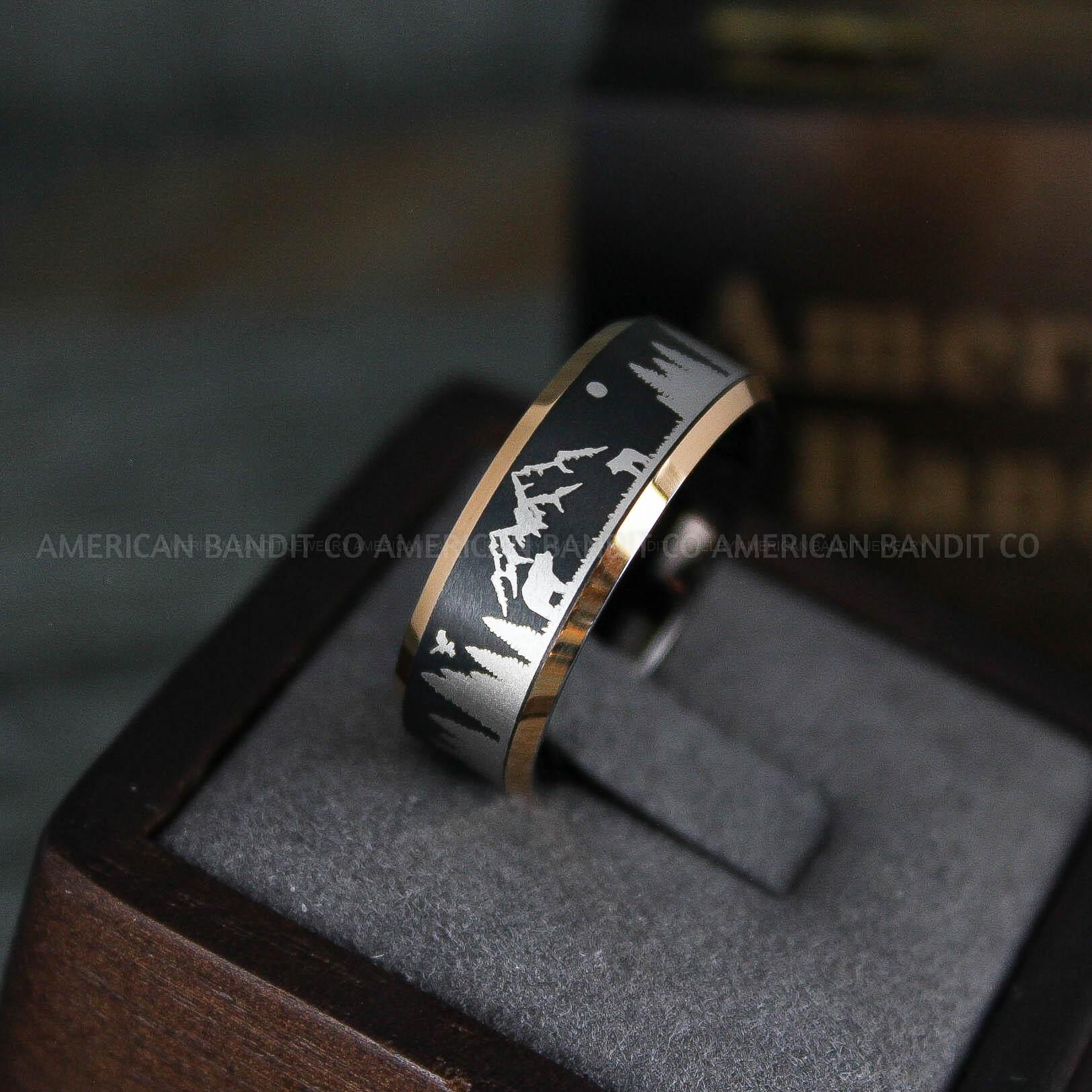 IMG_5728 Forest Ring, Mountain Range Ring, Mountains Scene Ring, Wolf Ring, Hunting Wedding Band - Image 1