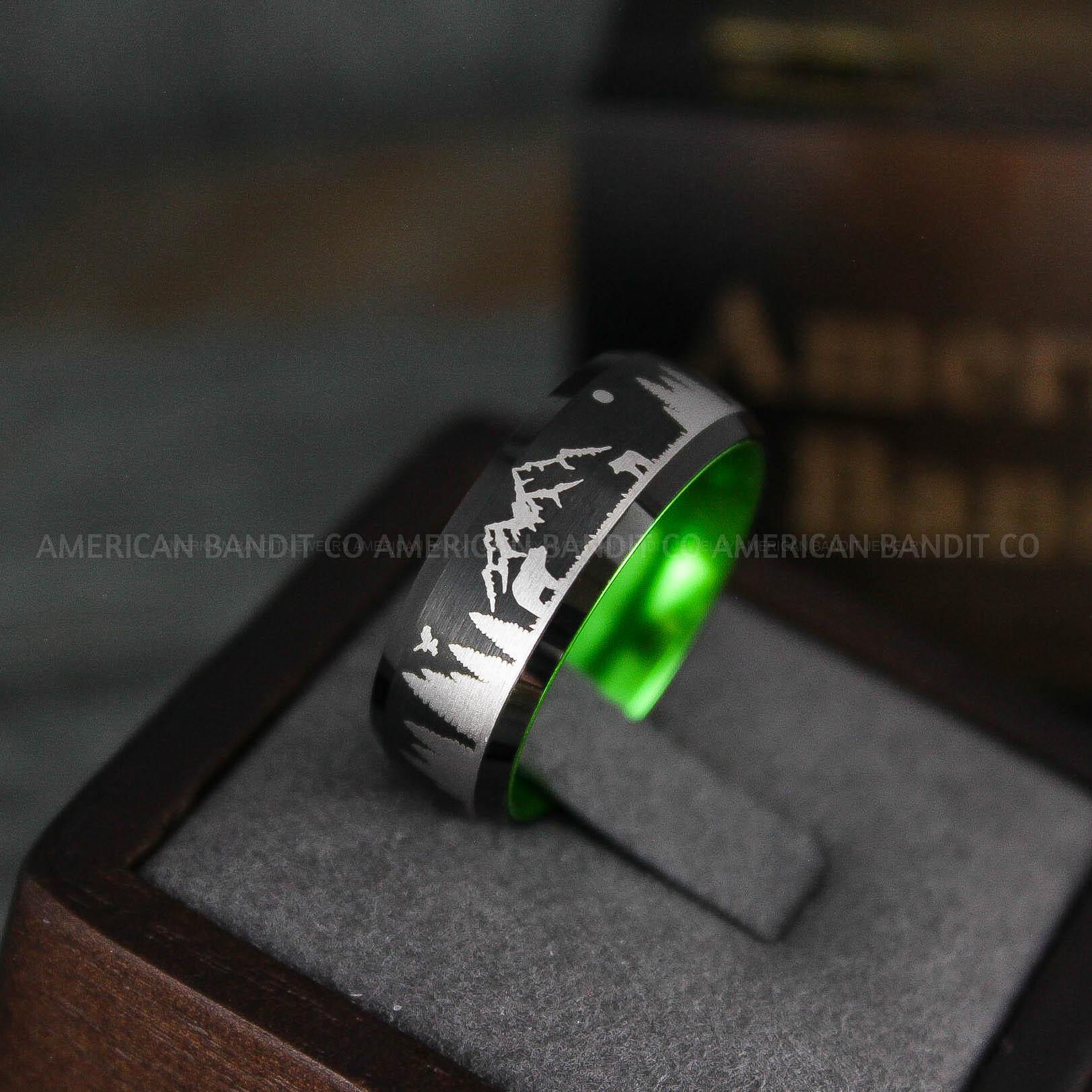 IMG_5736 Forest Ring, Mountain Range Ring, Mountains Scene Ring, Wolf Ring, Hunting Wedding Band - Image 1