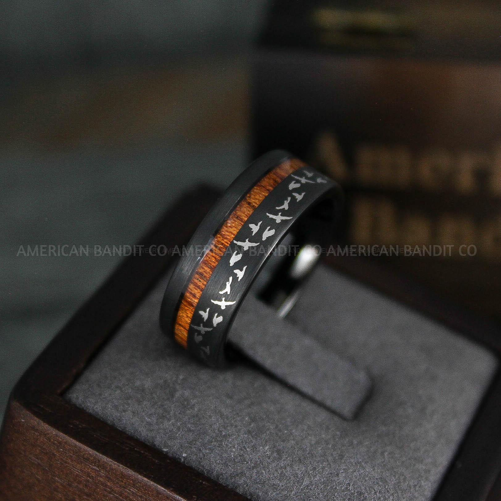 IMG_5739 Flying Geese Rings, Geese Wedding Rings, Goose Hunting Ring, Hunting Jewelry, Black Wedding Band, Duck Hunting Goose Hunting Black Duck Band - Image 1