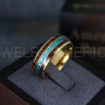 Opal Ring, Crushed Opal Wedding Band, Blue Opal Ring, Gold Wedding Band, Wood Ring, Wood Wedding Band