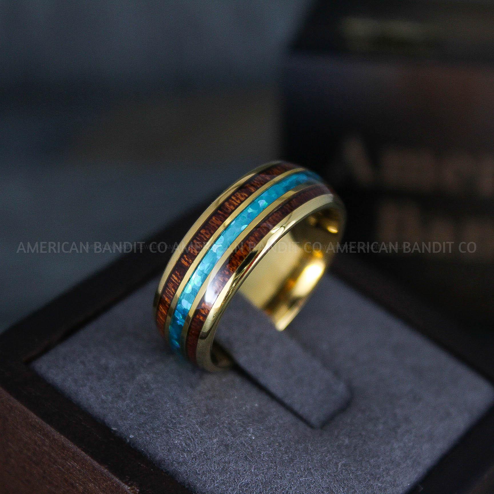 IMG_5775 Opal Ring, Crushed Opal Wedding Band, Blue Opal Ring, Gold Wedding Band, Wood Ring, Wood Wedding Band - Image 1