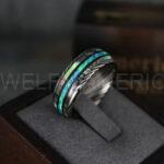 Opal Ring, Opal Wedding Ring, Abalone Shell Ring, Abalone Shell Wedding Band, Damascus Steel Ring - Image 3