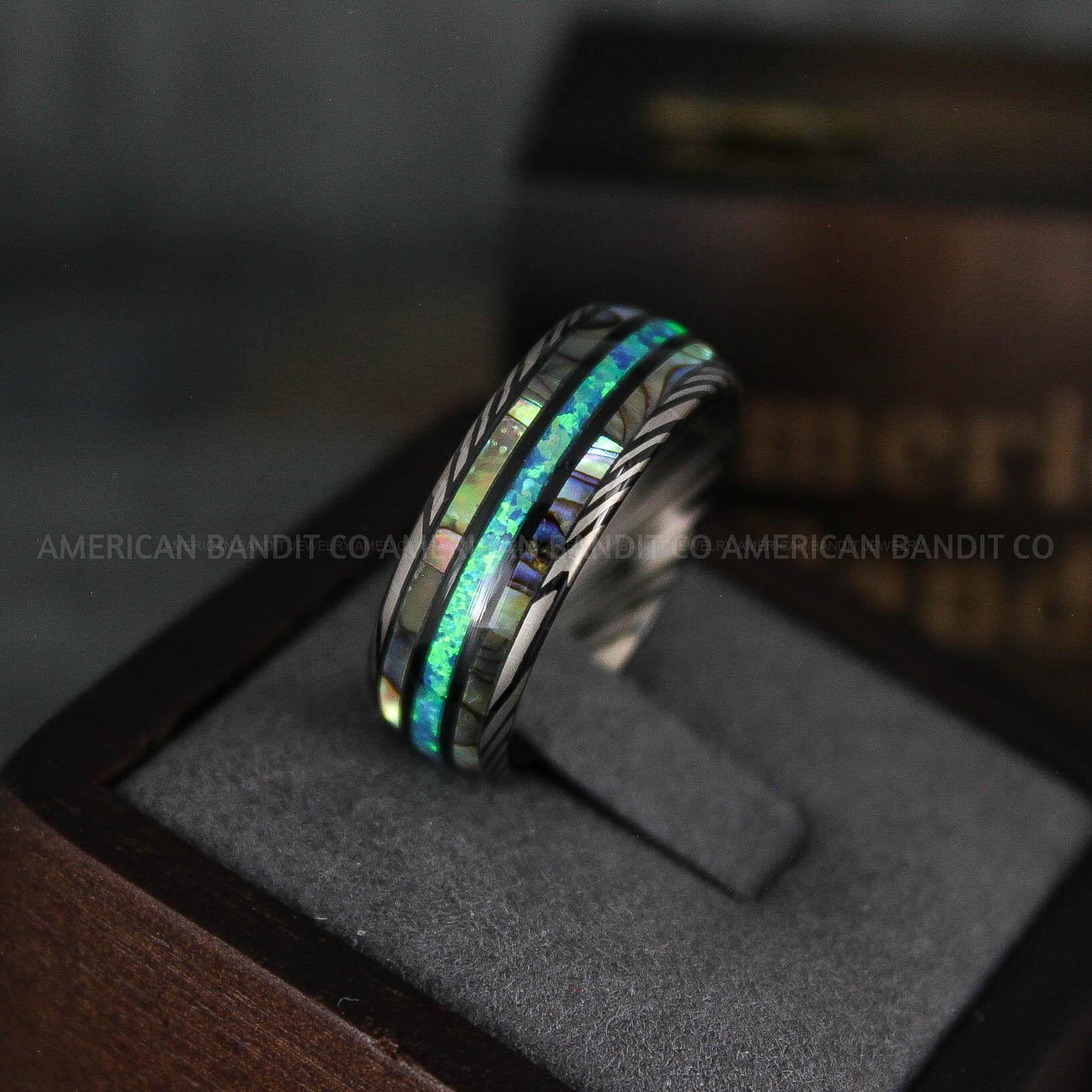 IMG_5812 Opal Ring, Opal Wedding Ring, Abalone Shell Ring, Abalone Shell Wedding Band, Damascus Steel Ring - Image 1