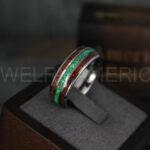 Opal Ring, Crushed Opal Wedding Band, Green Opal Ring, Silver Wedding Band, Wood Ring, Wood Wedding Band