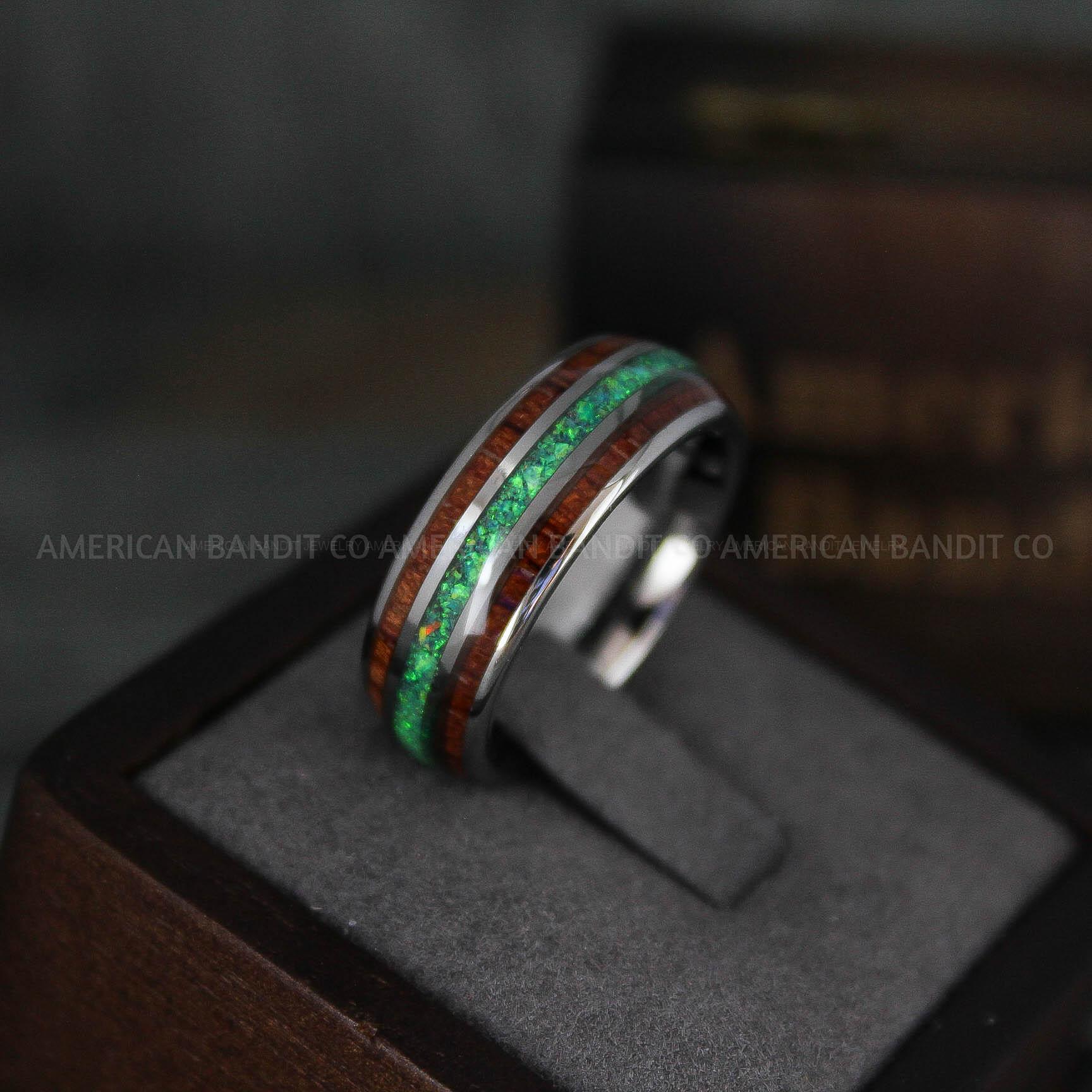 IMG_5853 Opal Ring, Crushed Opal Wedding Band, Green Opal Ring, Silver Wedding Band, Wood Ring, Wood Wedding Band - Image 1