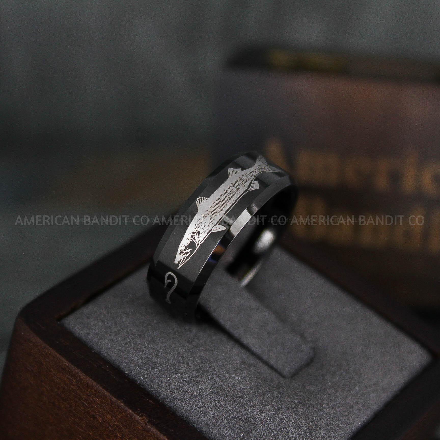 IMG_5958 Barracuda Ring, Fisherman Ring, Barracuda Jewelry, Fishing Ring, 8mm Black Tungsten Band with Beveled Edge Barracuda Fish Ring, Hunting Ring, Fish Hooks Ring - Image 1