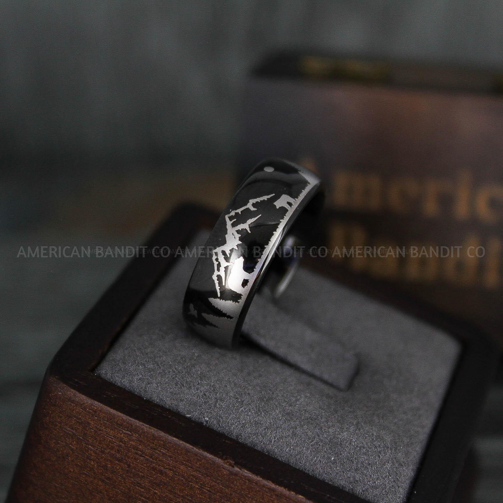 IMG_5959 Forest Ring, Mountain Range Ring, Mountains Scene Ring, Wolf Ring, Hunting Wedding Band - Image 1