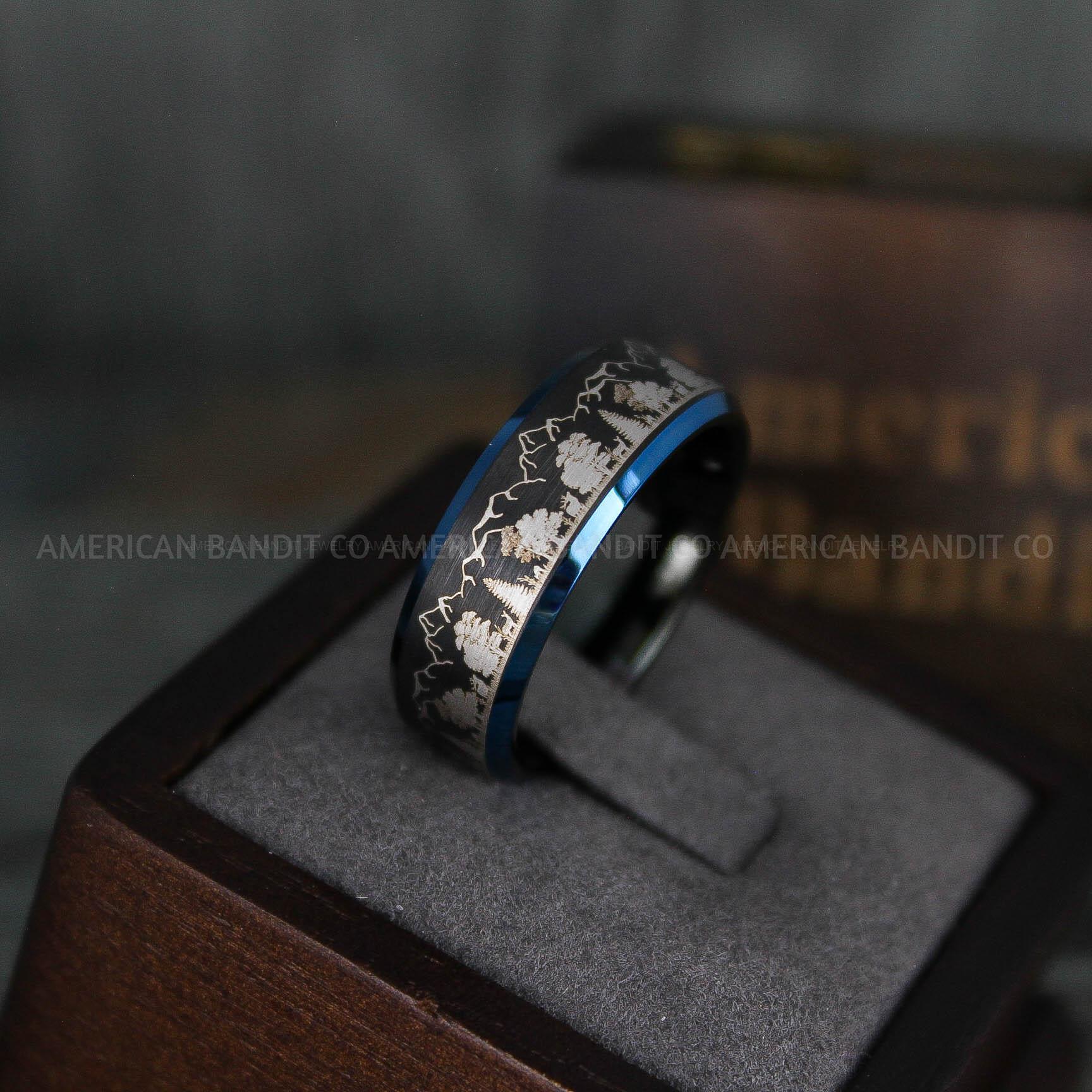 IMG_5960 Forest Ring, Mountain Range Ring, Mountains Scene Ring, Wolf Ring, Hunting Wedding Band - Image 1
