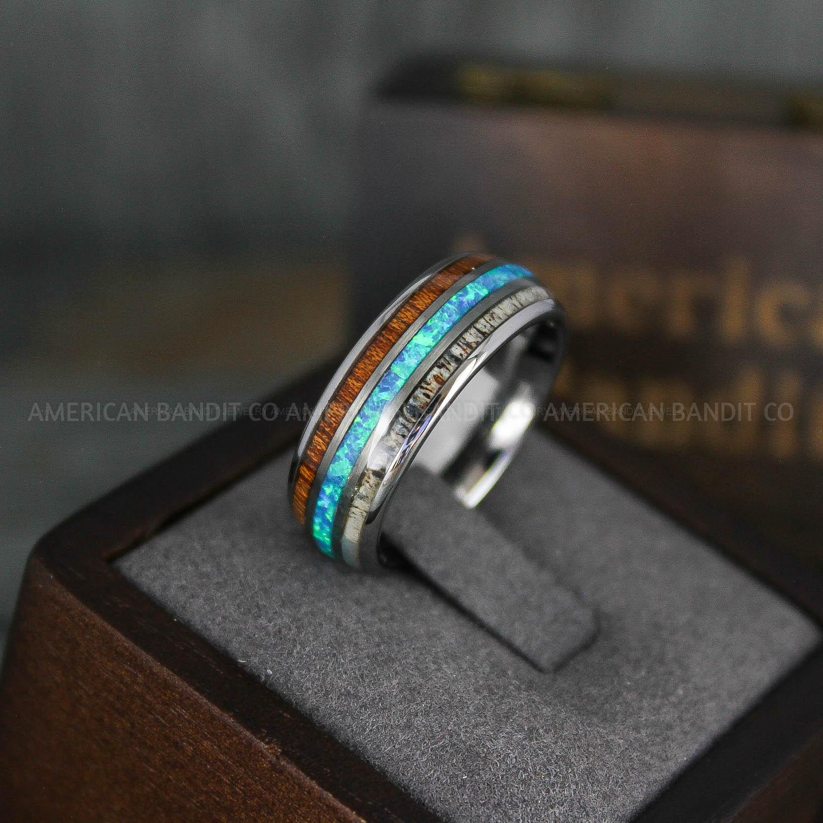 IMG_5971 Deer Antler Ring, Wood Ring, Opal Ring, Damascus Steel Ring - Image 1