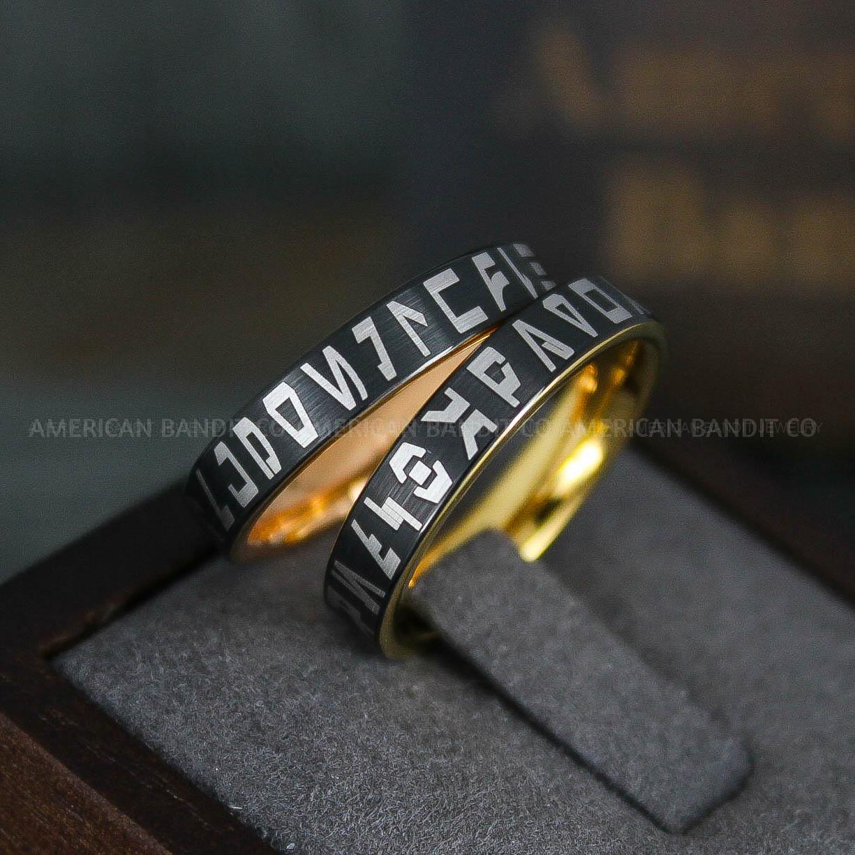 IMG_6090 Aurebesh Rings, Aurebesh Wedding Bands, Black Wedding Bands, Aurebesh Wedding Rings, Aurebesh Jewelry - Image 1