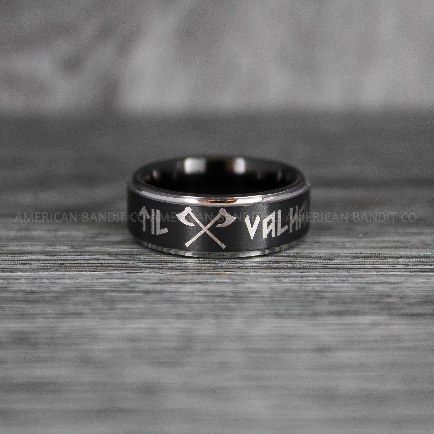 IMG_6355 Til Valhalla Rings, Viking Rings, Runes Rings, Vegvísir Ring, Nordic Rings, Norsemen Rings, Nordic Runes Rings, Black Tungsten Bands - Image 1