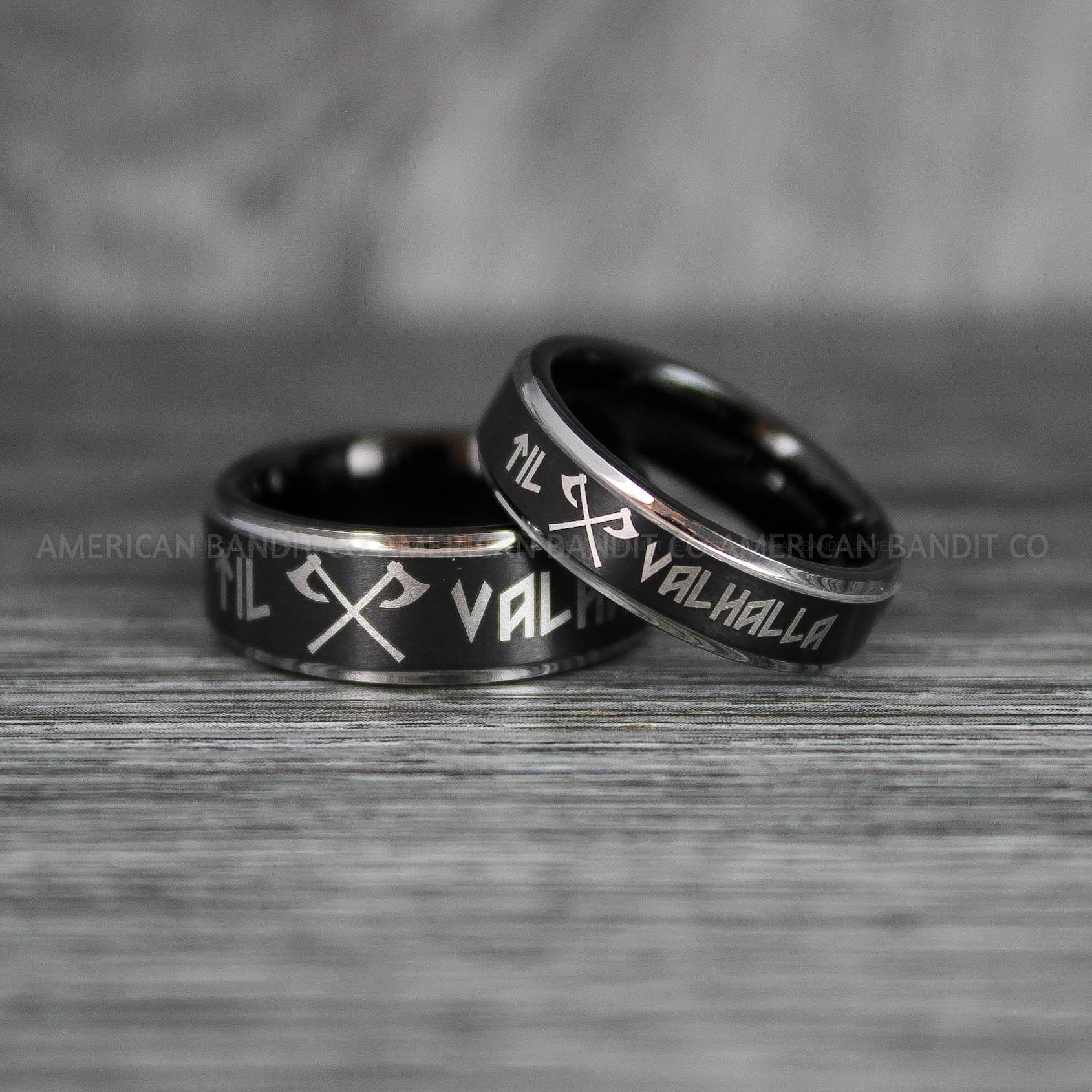IMG_6356 Til Valhalla Rings, Viking Rings, Runes Rings, Vegvísir Ring, Nordic Rings, Norsemen Rings, Nordic Runes Rings, Black Tungsten Bands - Image 1