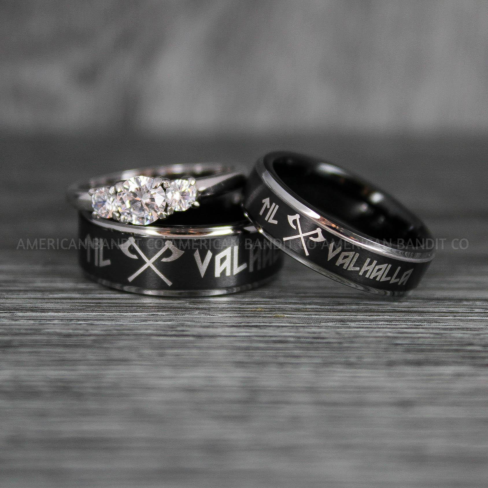 IMG_6360 Til Valhalla Rings, Viking Rings, Runes Rings, Vegvísir Ring, Nordic Rings, Norsemen Rings, Nordic Runes Rings, Black Tungsten Bands - Image 1