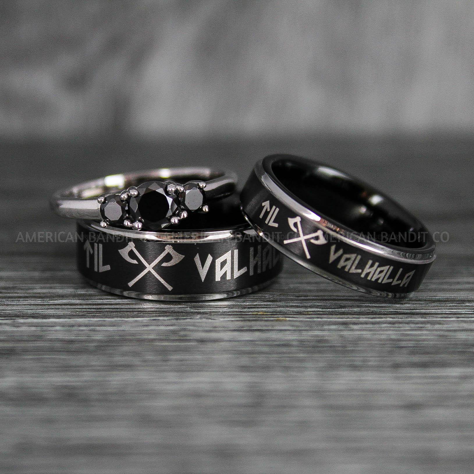 IMG_6361 Til Valhalla Rings, Viking Rings, Runes Rings, Vegvísir Ring, Nordic Rings, Norsemen Rings, Nordic Runes Rings, Black Tungsten Bands - Image 1
